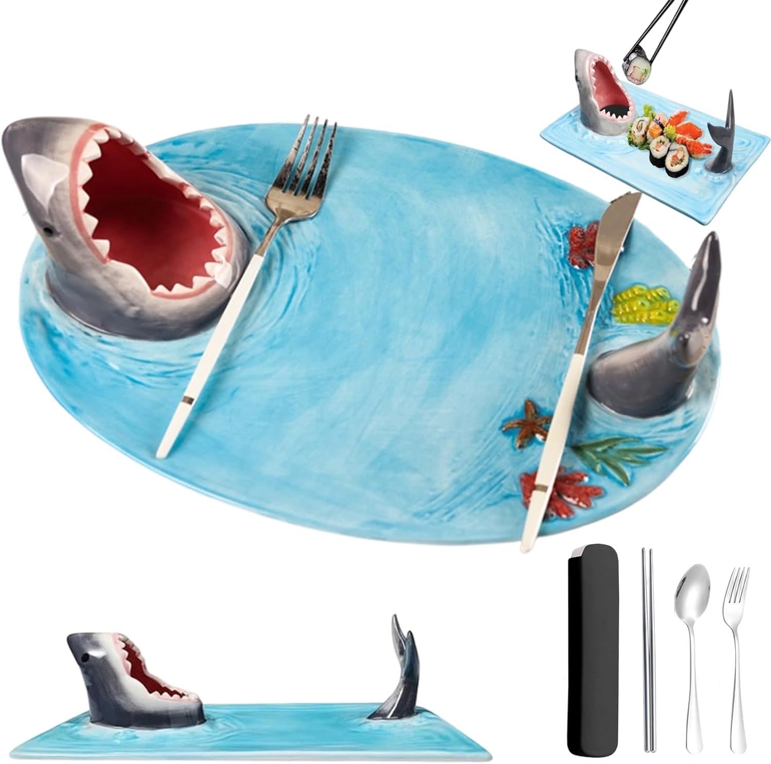 Ceramic Shark-Shaped Plate With Sauce Bowl and Chopstick Rest, Microwave/Dishwasher Safe, Sushi/Snack Plate (Shark round plate)