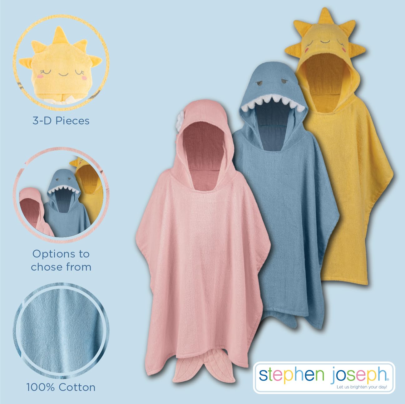 Stephen Joseph, Poncho de playa y baño, toalla con capucha 100% algodón para niños de 2 a 6 años, toalla de baño, piscina, playa, poncho de playa suave, absorbente, sol