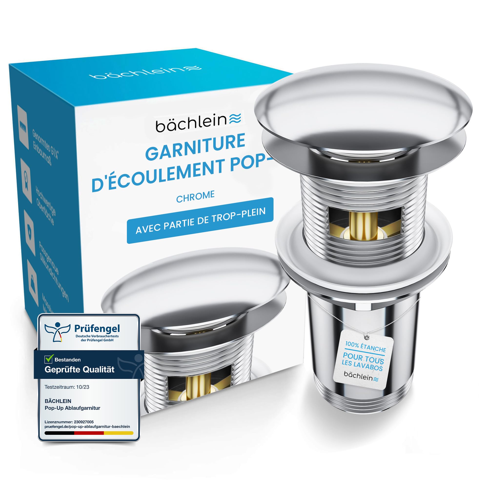 Bächlein Bonde Universelle Pop-Up Dorée – Valve Lavabo Avec Trop-Plein, Laiton Massif, Kit Installation Complet