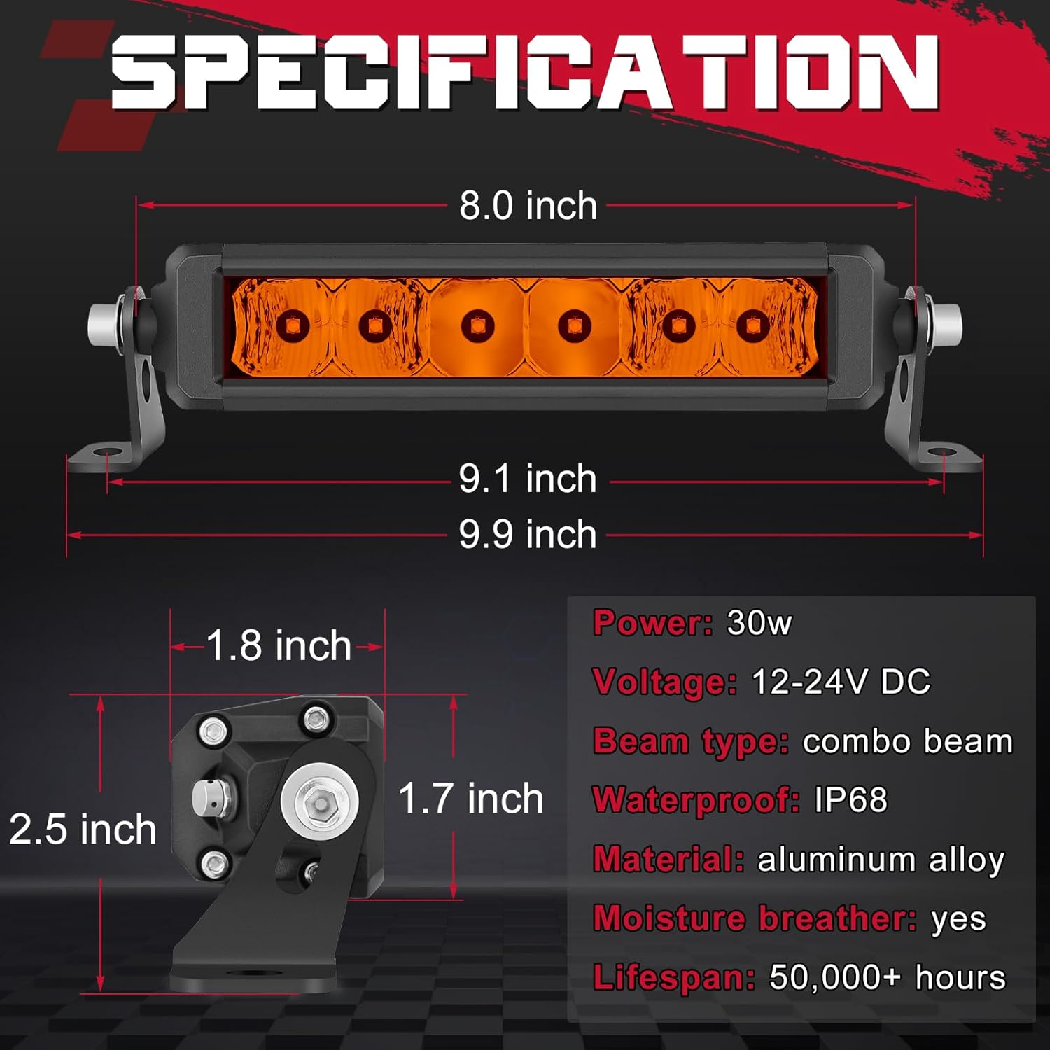 OFFROADTOWN Amber 8 Inch Single Row LED Light Bar 30W Spot Flood Combo Off Road Driving Light Ultra-Slim Light Bar Waterproof Work Light Thin LED Bar for ATV UTV SUV Motorcycle Truck Jeep RZR