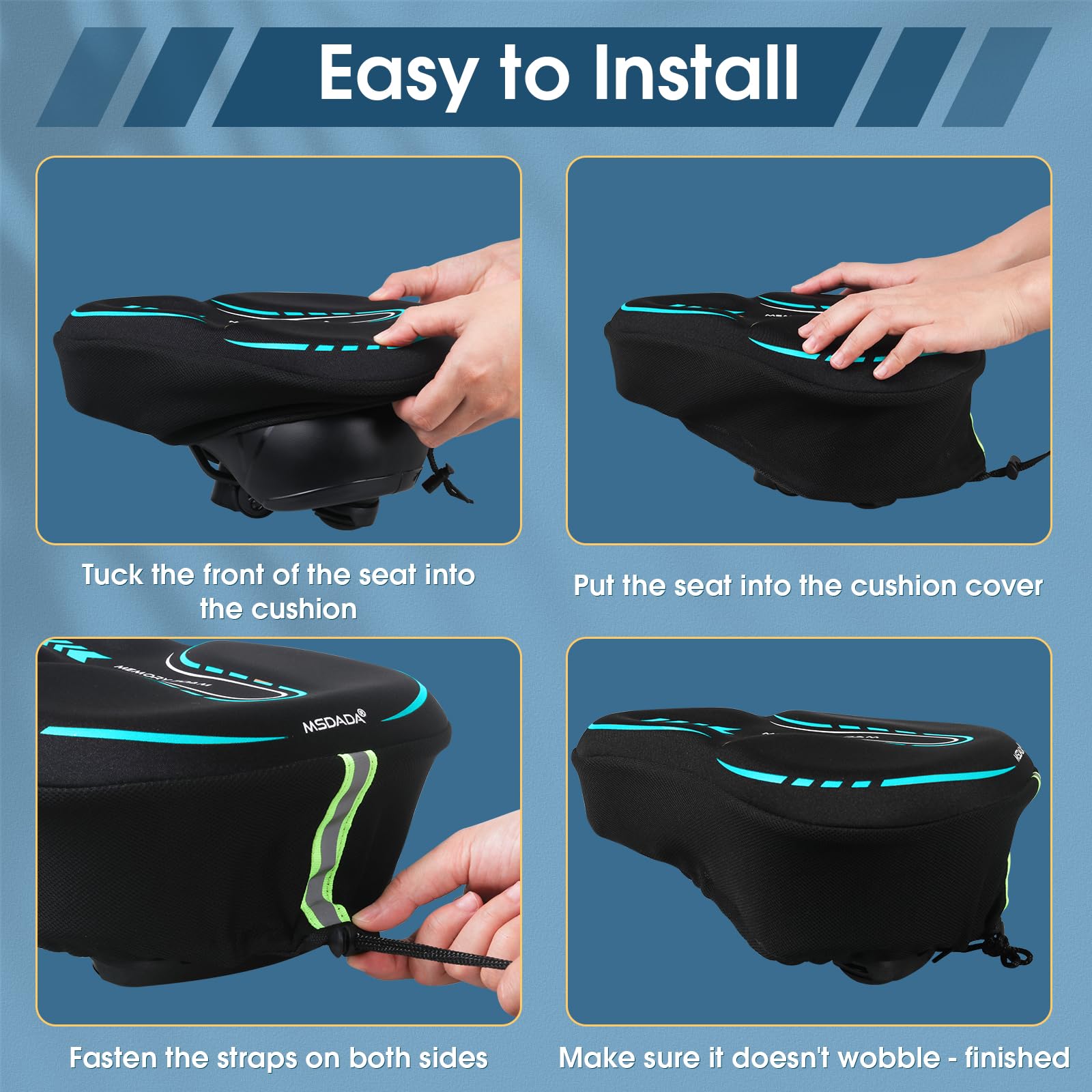 MSDADA Funda grande de gel acolchada para asiento de bicicleta, cojín suave para hombres y mujeres, cómodos accesorios de bicicleta para ciclismo en interiores y exteriores (cian)