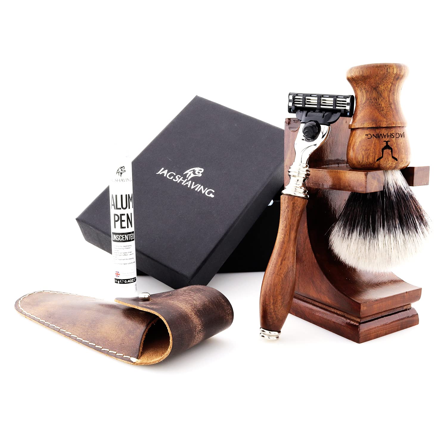 Jag Shaving Rasierset - Nachhaltige 4-teiliges Rasierset aus Holz - Synthetik Silberspitzhaar Rasierpinsel - 3 Rasierklingen Rasierhobel - Rasierständer - Ledertasche für Rasierhobel