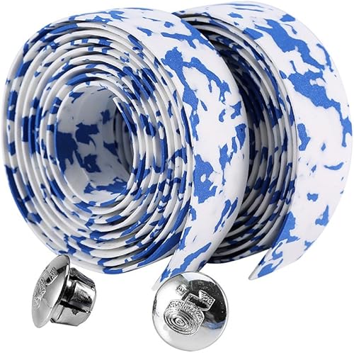 VGEBY Cinta de manillar de corcho para ciclismo, correa de mango de esponja con 2 tapones (azul+blanco)
