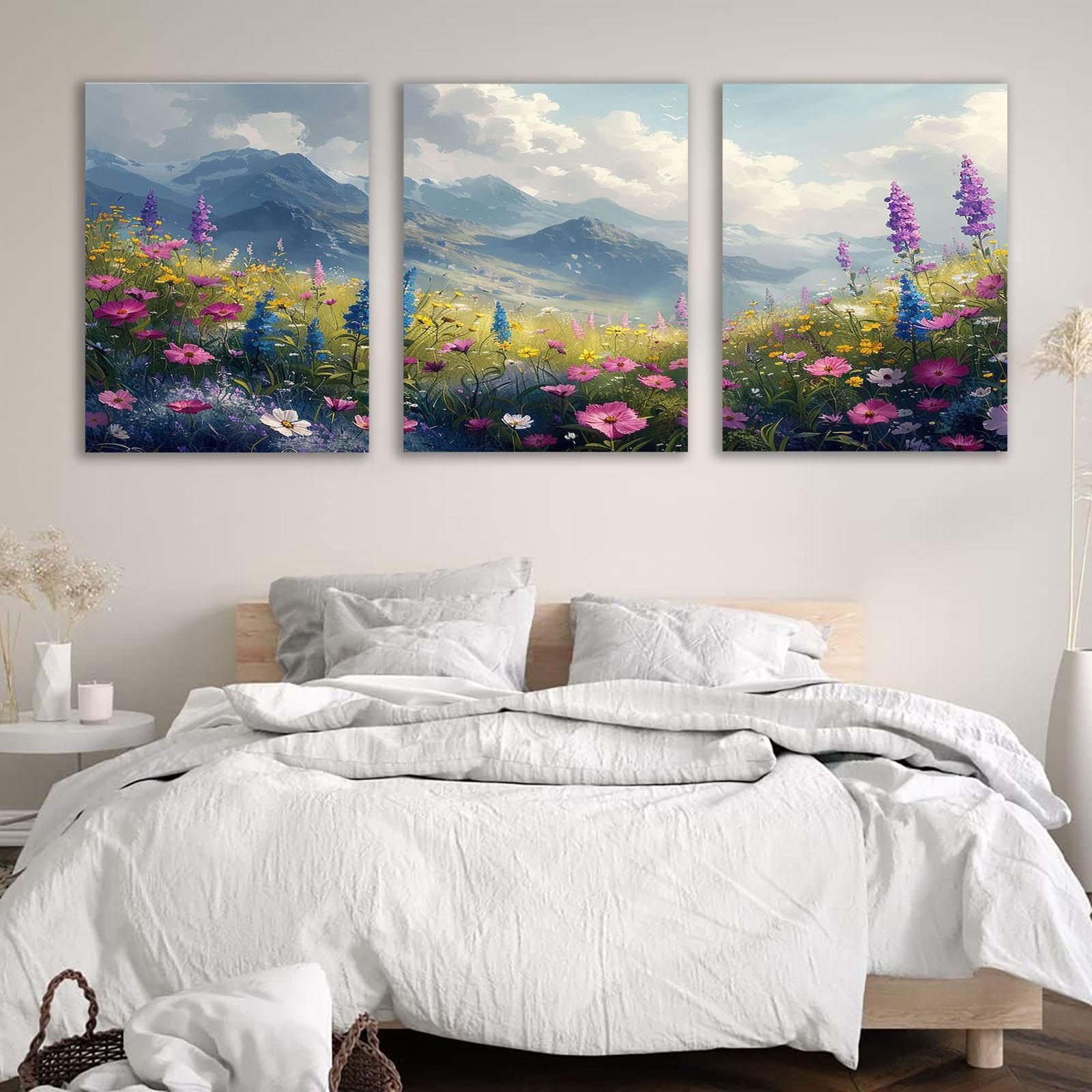 TZKRWRH Panorama Cuadro Personalizado Lienzo, Monta帽as De Flores Silvestres Murales De Pared Sala De Estar Dormitorio Arte De Pared-40x60cmx3 Enmarcado (Gris,Rosa 26)