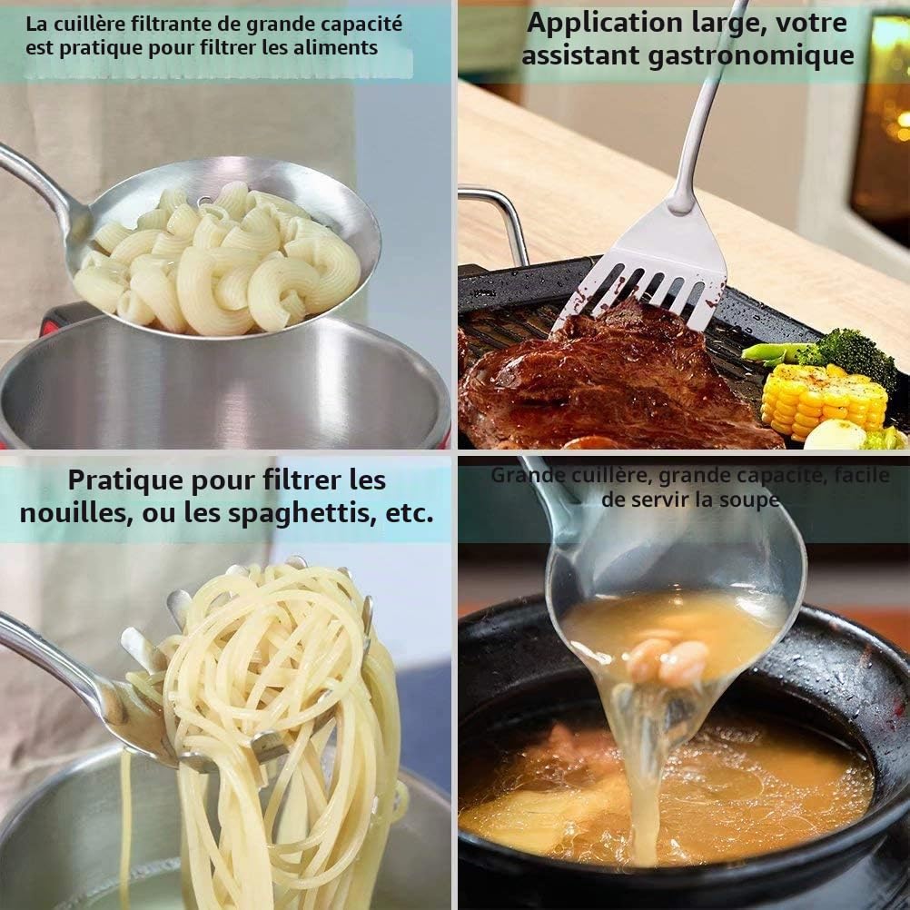 YFWOOD 5 Piece Stainless Steel Kitchen Utensils Set with Spatula and Skimmer for Pasta, Wok, Spatula, Ladle, Dishwasher-Safe Wooden Handle