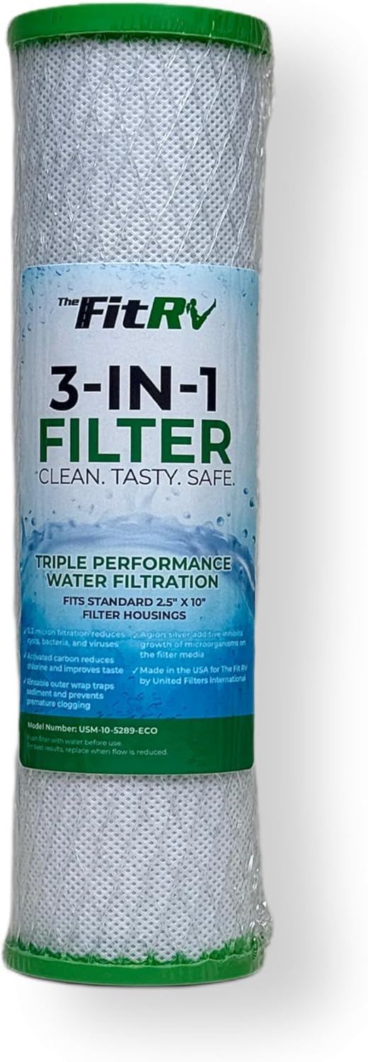 The Fit RV 3-in-1 Water Filter Replacement Cartridge | Activated Carbon | 0.2 Micron Filtration | Perfect for RV Use (USM-10-5289-ECO, 2.5" x 10")