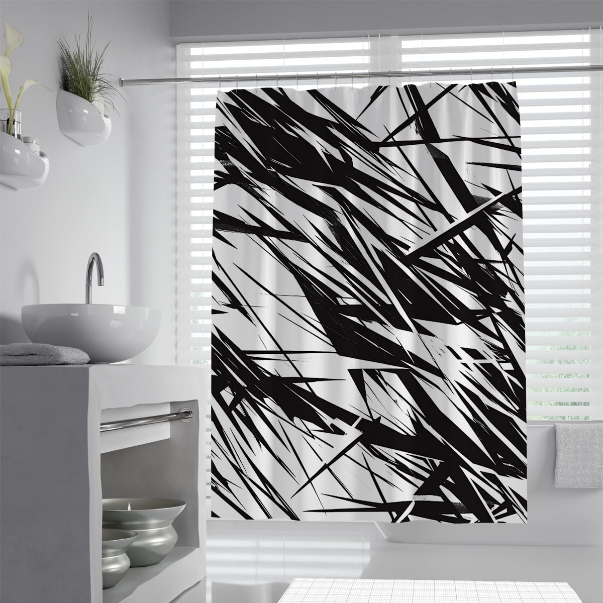 UIRINGART Contemporary Crisscross Shattered Shower Curtain W180xL200cm Abstract Geometric Splatter Lines Pattern Mildew Resistant Easy Clean Wet Room Bath Curtain With Hook