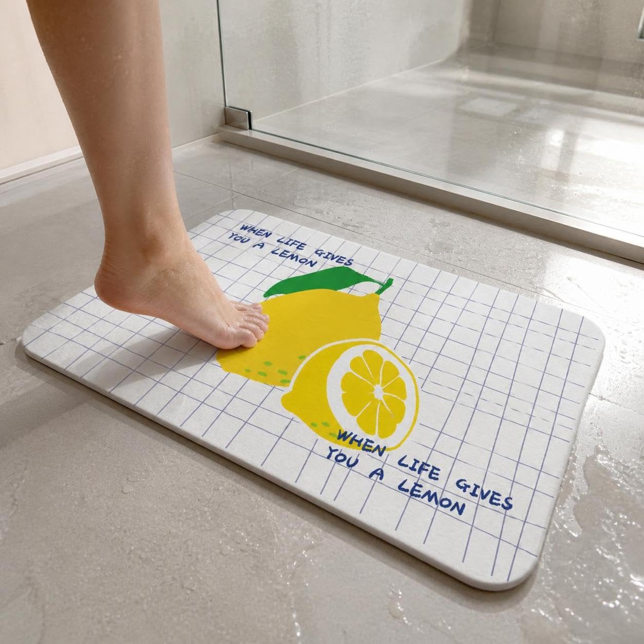 Tapis Bain Diatomée Séchage, 夏日柠檬, 39 * 60 * 0.9cm | Surface absorbante, Tapis bain hygiénique, Utilisation quotidienne, Pour enfants et adultes