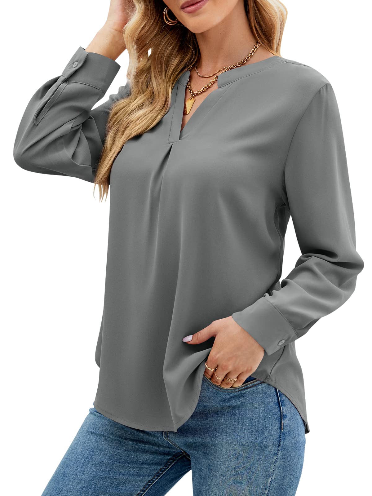 Besiboo Womens Shirts Blouse Dressy Casual Business V Neck Chiffon Work Blouses Loose Fit Tunic Tops Winter Clothes 2022