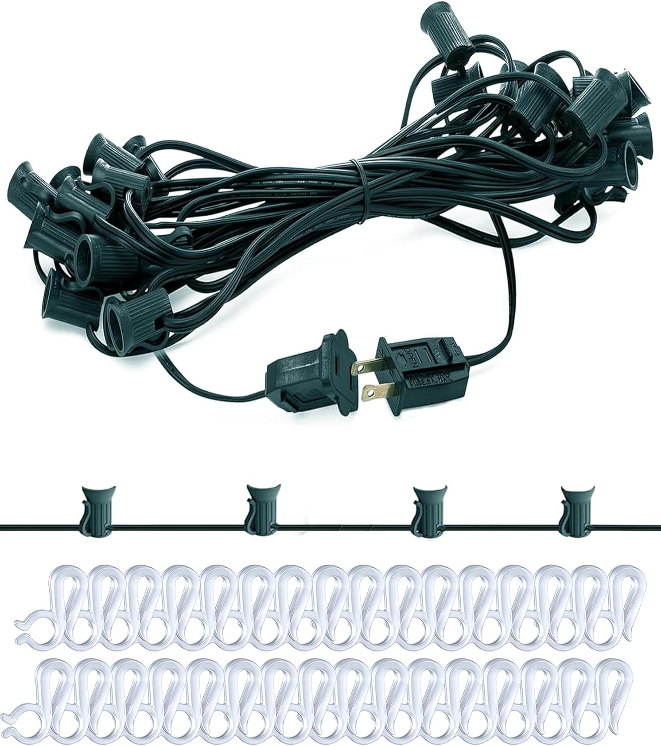 25Ft Light String Set with 25 #10 Plastic Clips, C7 Outdoor String Light Stringer, E12 Sockets 12" Spacing, Light Strand Spool for Christmas Backyard Roofline Wedding Patio Lighting Decor, Green Wire