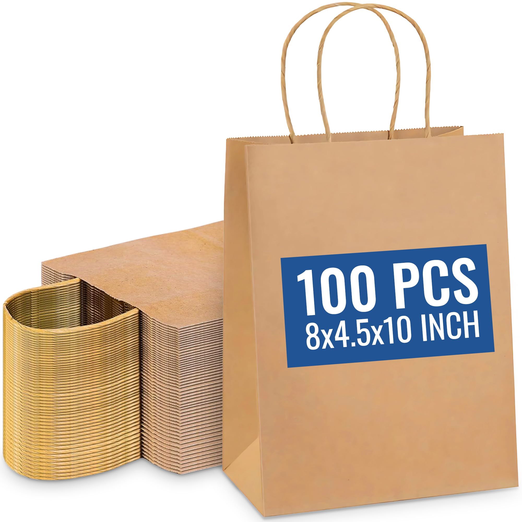 SNH Packing 100 Pcs 8X4.5X10 Inch Kraft Paper Gift Bags with Handles Brown Grocery Bag Medium Size Ideal bags for small business, Party Favor, Bulk