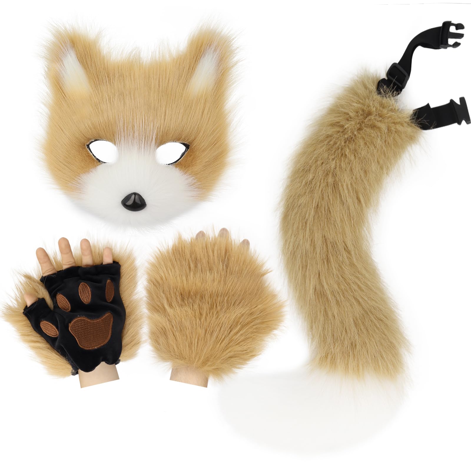 HAOAN Furry Fox Cat Mask with Wolf Animal Tail and Paw Gloves for Halloween Cosplay Party Costume Accessories