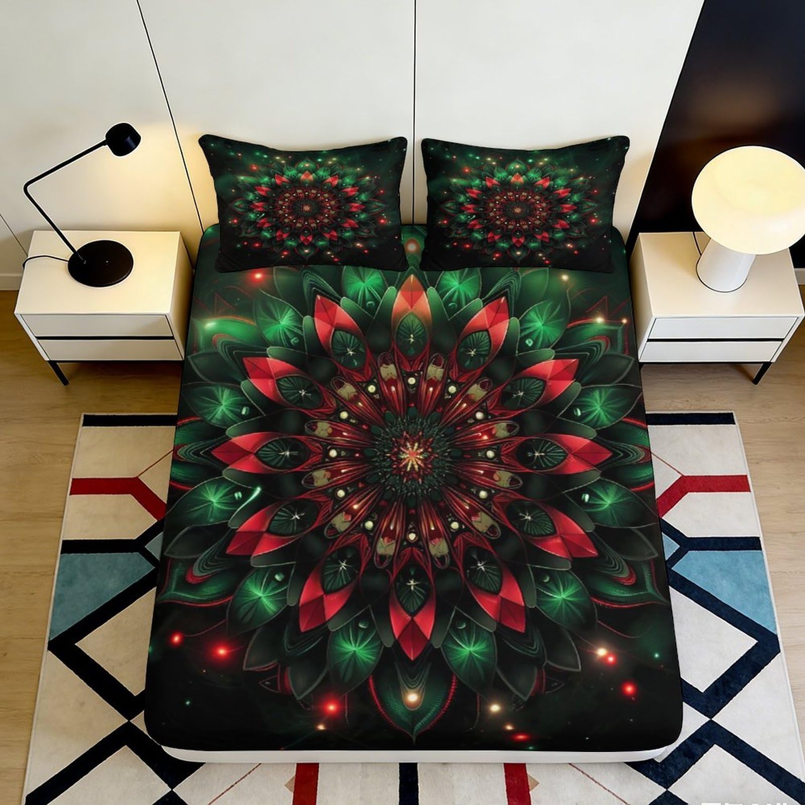 3D Printed Mandala Flower Fitted Sheet Microfiber Soft Breathable Kaleidoscope Bed Cover for Bedroom Guestroom Decor 90x200x25cm
