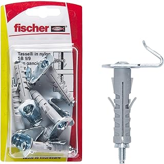 FISCHER 2989017 6 Tasselli SB 9 con Gancio Piatto, Universali per Il Fissaggio di Lampade, Specchi, Mobili su Muro e Cemento, 504449, Grigio