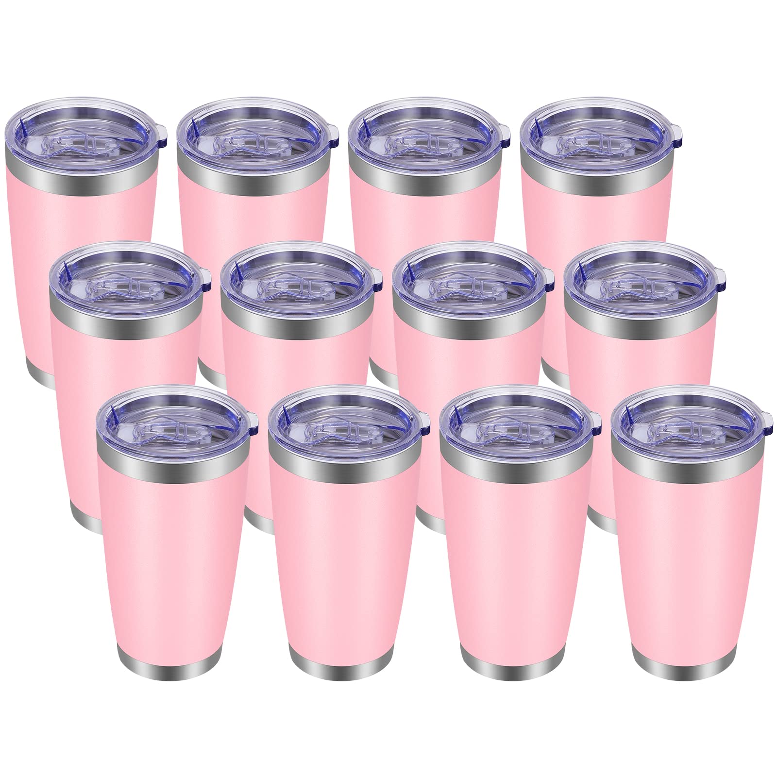 20oz Tumbler with Lid and Straw Stainless Steel Tumbler Cup Bulk Vacuum Insulated Double Wall Travel Coffee Mug Powder Coated Coffee Cup, Pink, 12 Pack
