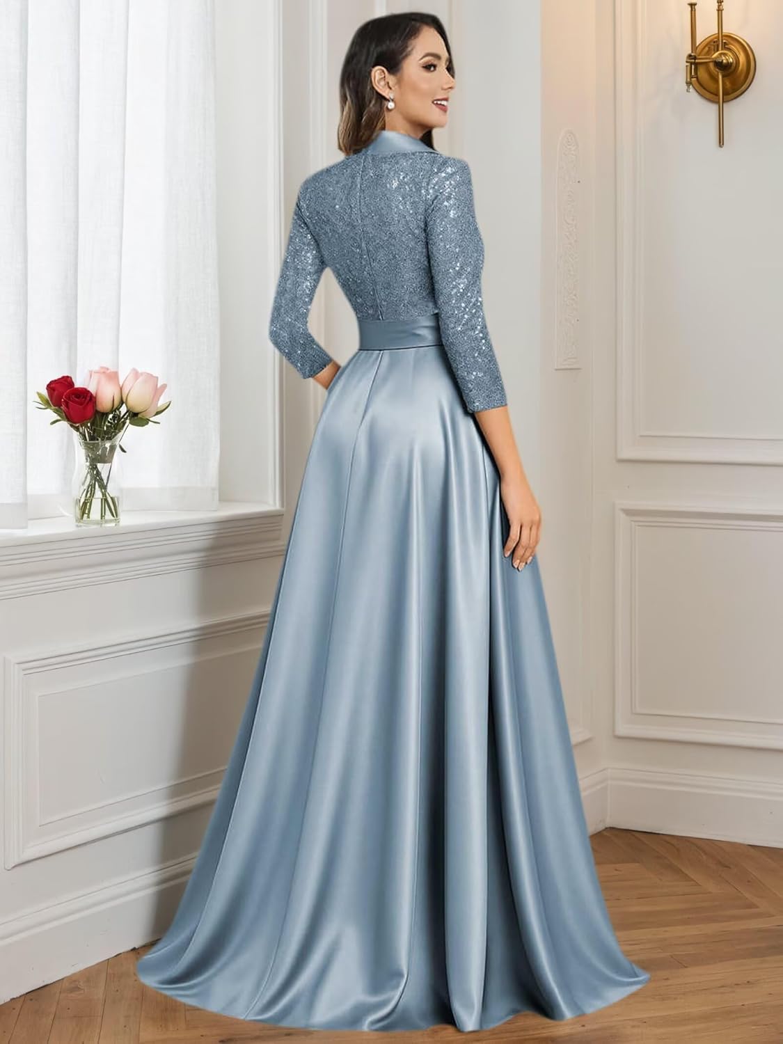 3/4 Sleeves Mother of The Bride Dresses with Bow for Women Sequin Satin Long Formal Wedding Guest Dress with Pockets - Image 2