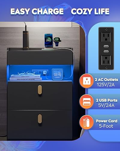 Miniatura 5 de WLIVE Mesita de noche negra con estación de carga y luces LED, mesita de noche con parte superior deslizante, moderna mesita de noche con 2 cajones,