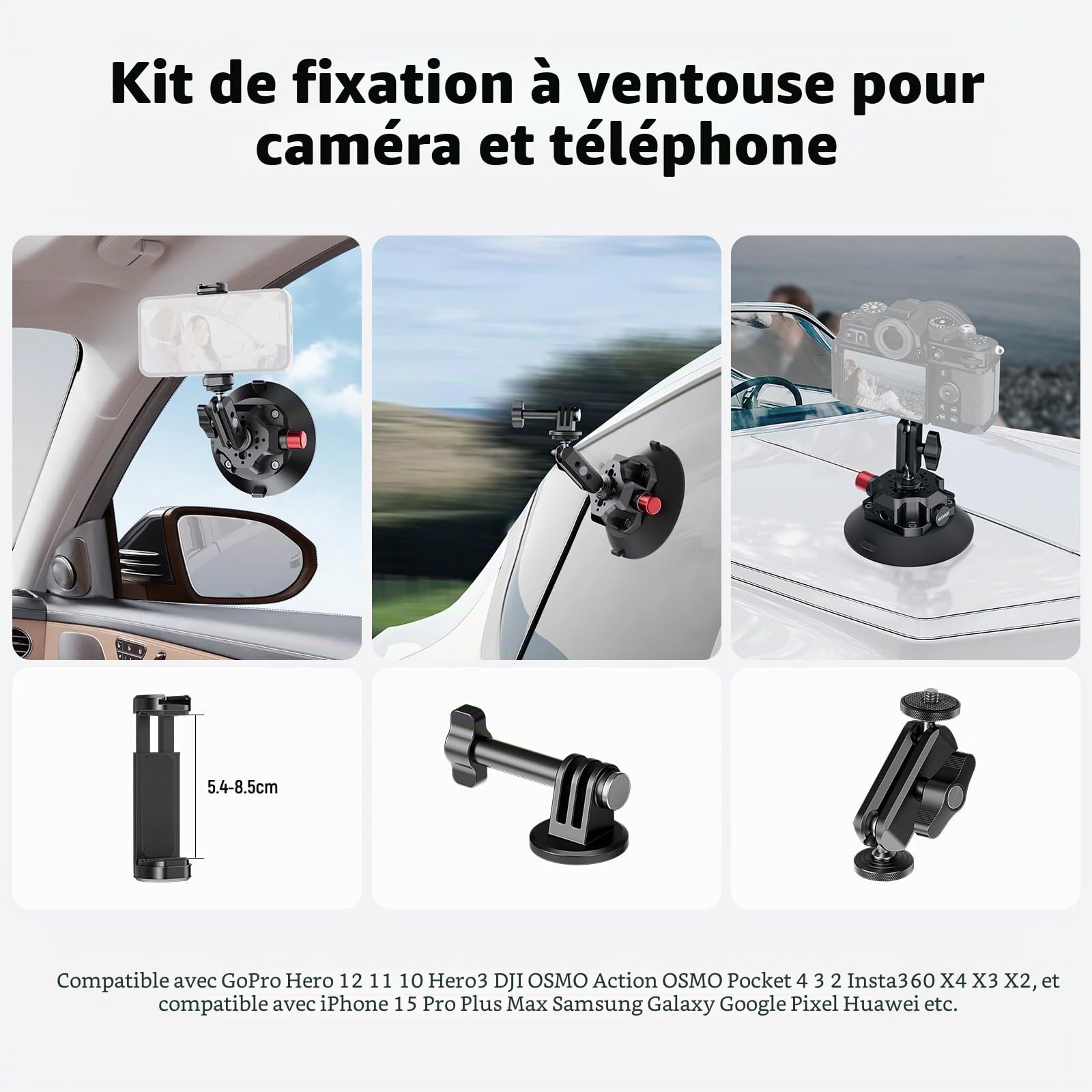NEEWER Support Caméra Ventouse 4,5" Bras Magique, Compatible avec Arri 1/4" 3/8" Trous, Support Voiture Quick Release, Adaptateur Action Cam Compatible avec iPhone GoPro DJI Insta360, CA105