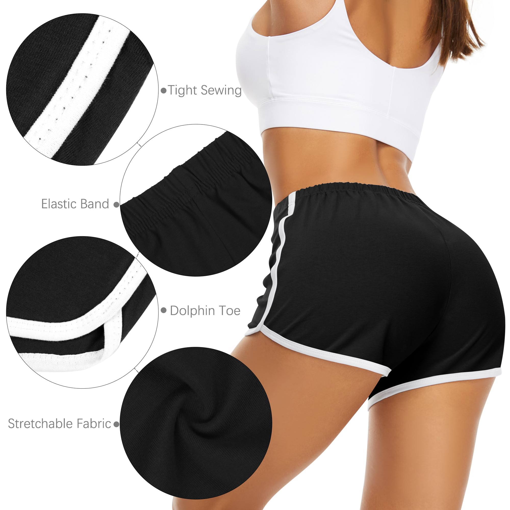 URATOT 7 Pack Womens Cotton Shorts, Dolphin Booty Athletic Gym Sports Shorts for Yoga Lounge Running: Black Medium