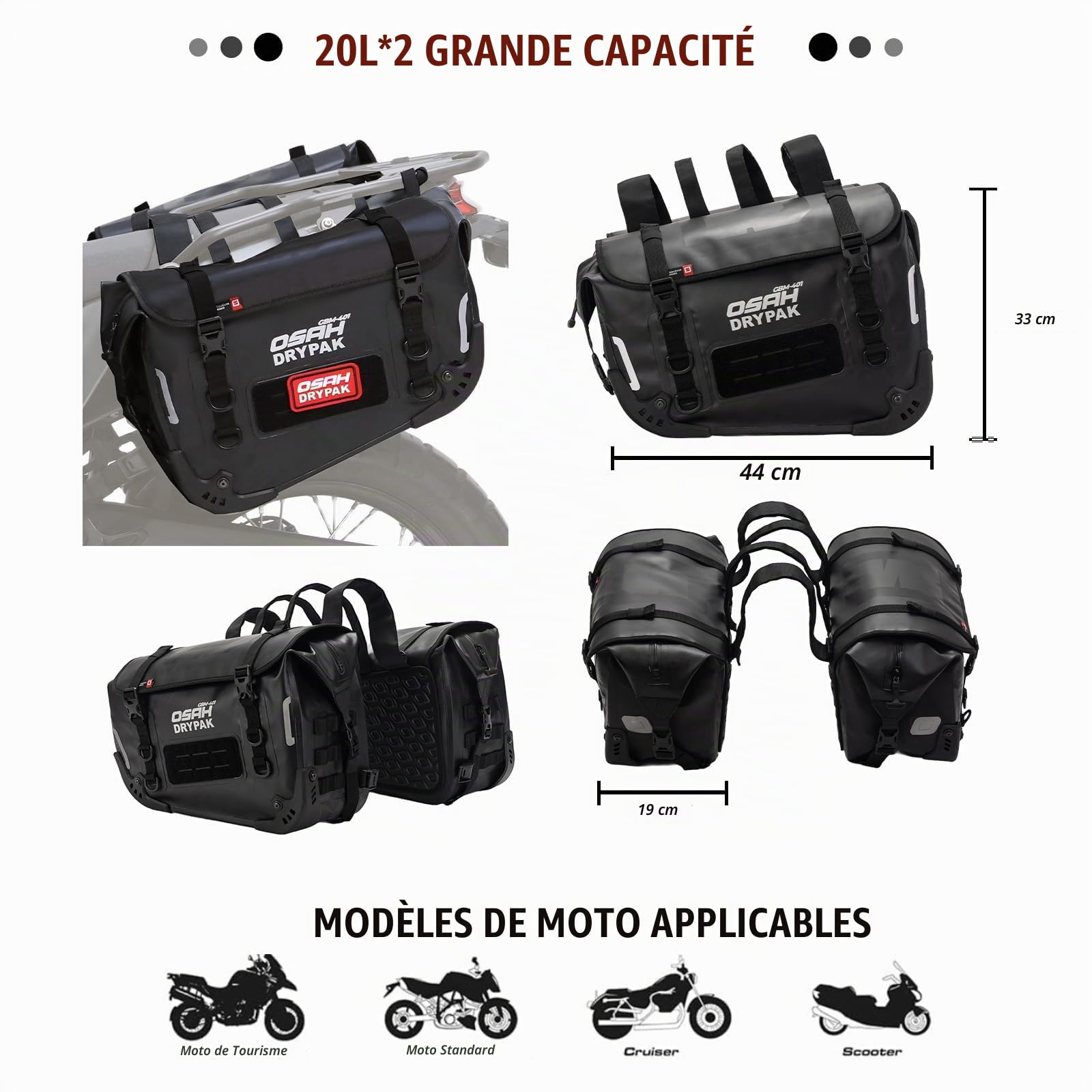Sacs de Moto imperméables – Sacs de Selle durables 40L pour Camping, pêche, Voyage, Tout-Terrain – Paniers Anti-Vibrations Grande capacité – Compatibles avec Motos d'aventure – 1 Paire