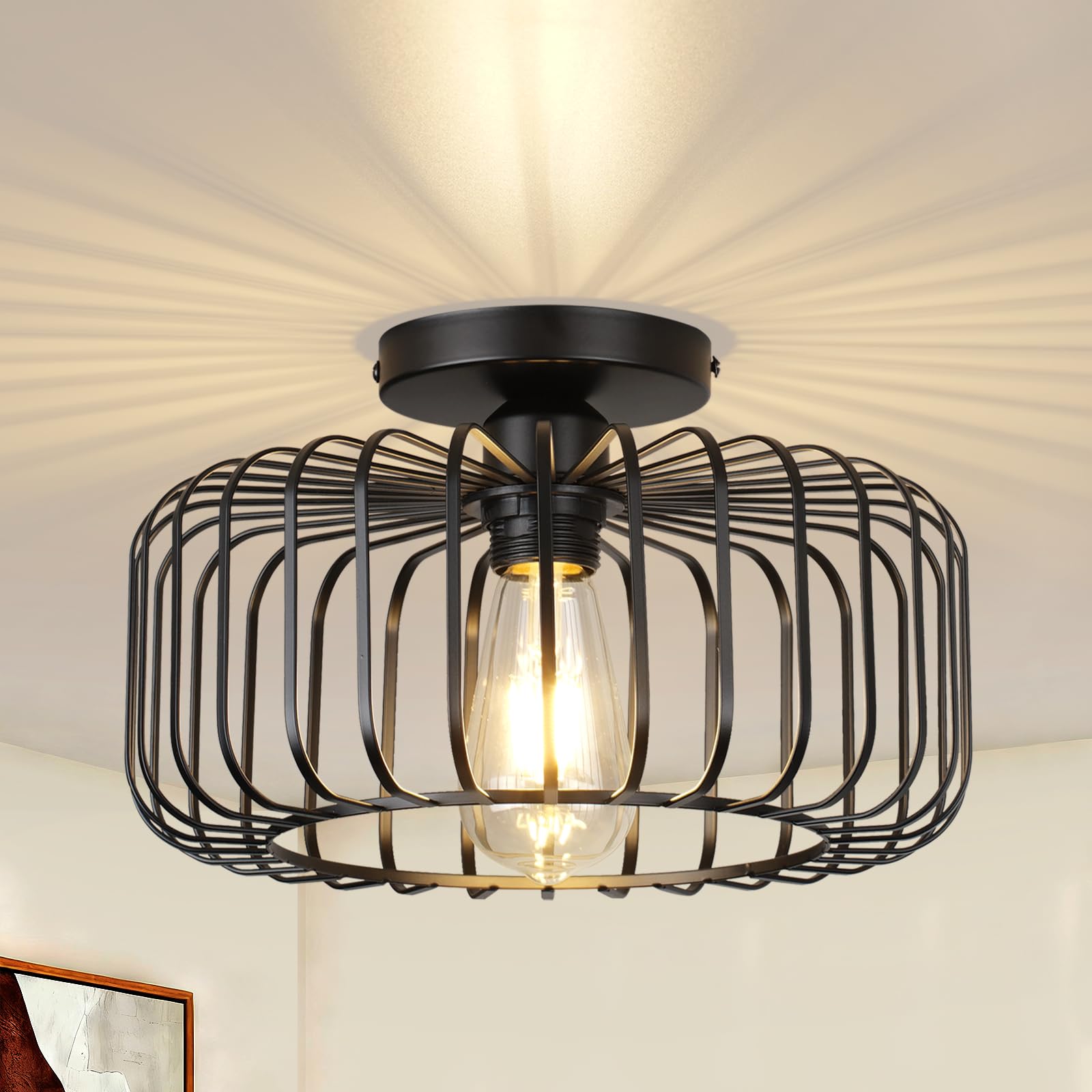 CALOKES Black Flush Ceiling Light Fixture, Modern Metal Cage Semi Flush Mount Lighting for Indoor Room, Bedroom, Kitchen, Living, Dining, Hallway – E27 Base, No Bulb Included