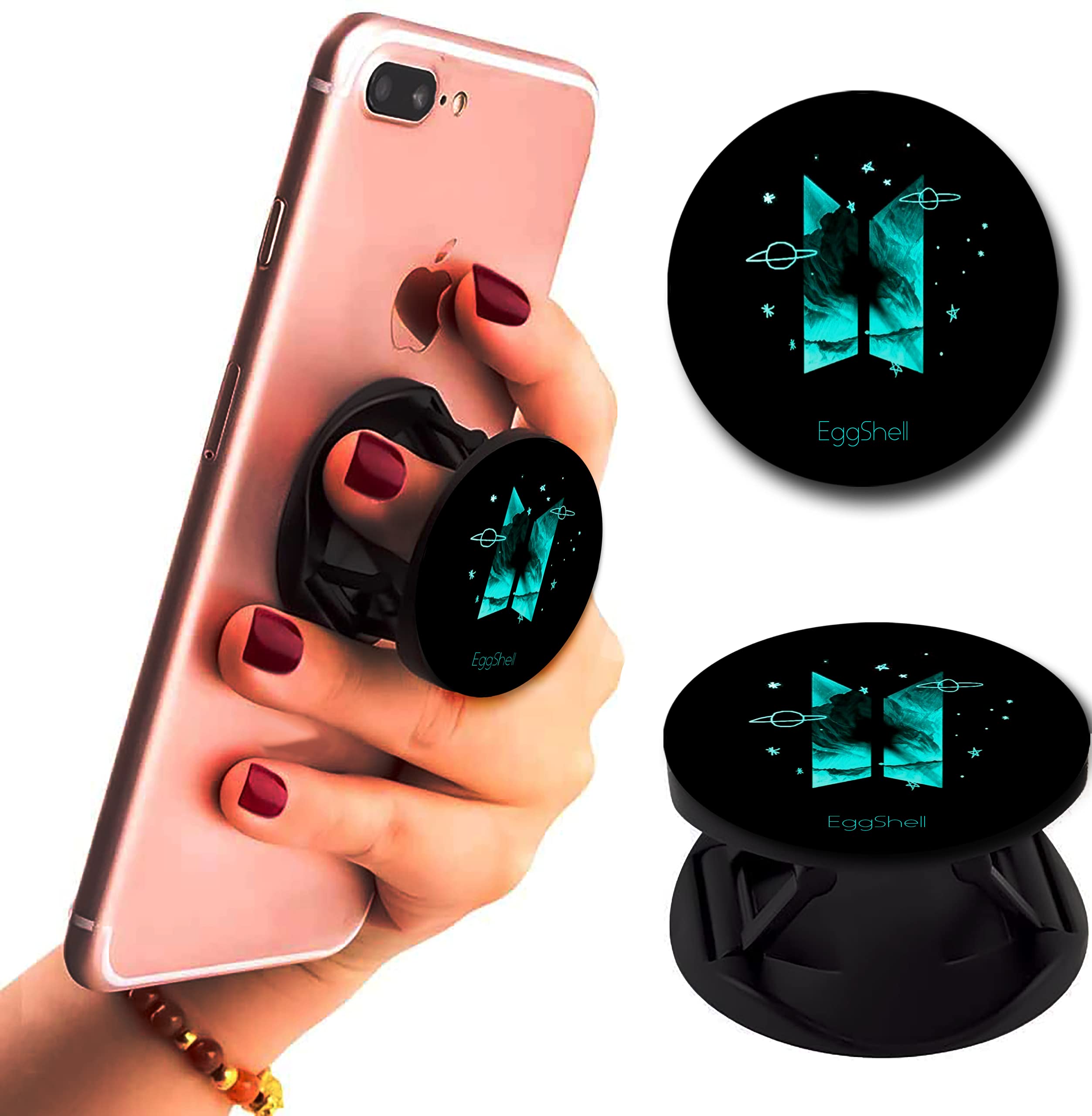EggShell Mobile Finger Grip Back Holder (Sockets) Premium Galaxy Glittery Matte Finish Effect with Black Expanding Stand and Fold Compatible All Basic Cell Phone & Tablets (BTS Neon Nature Logo)-image-19