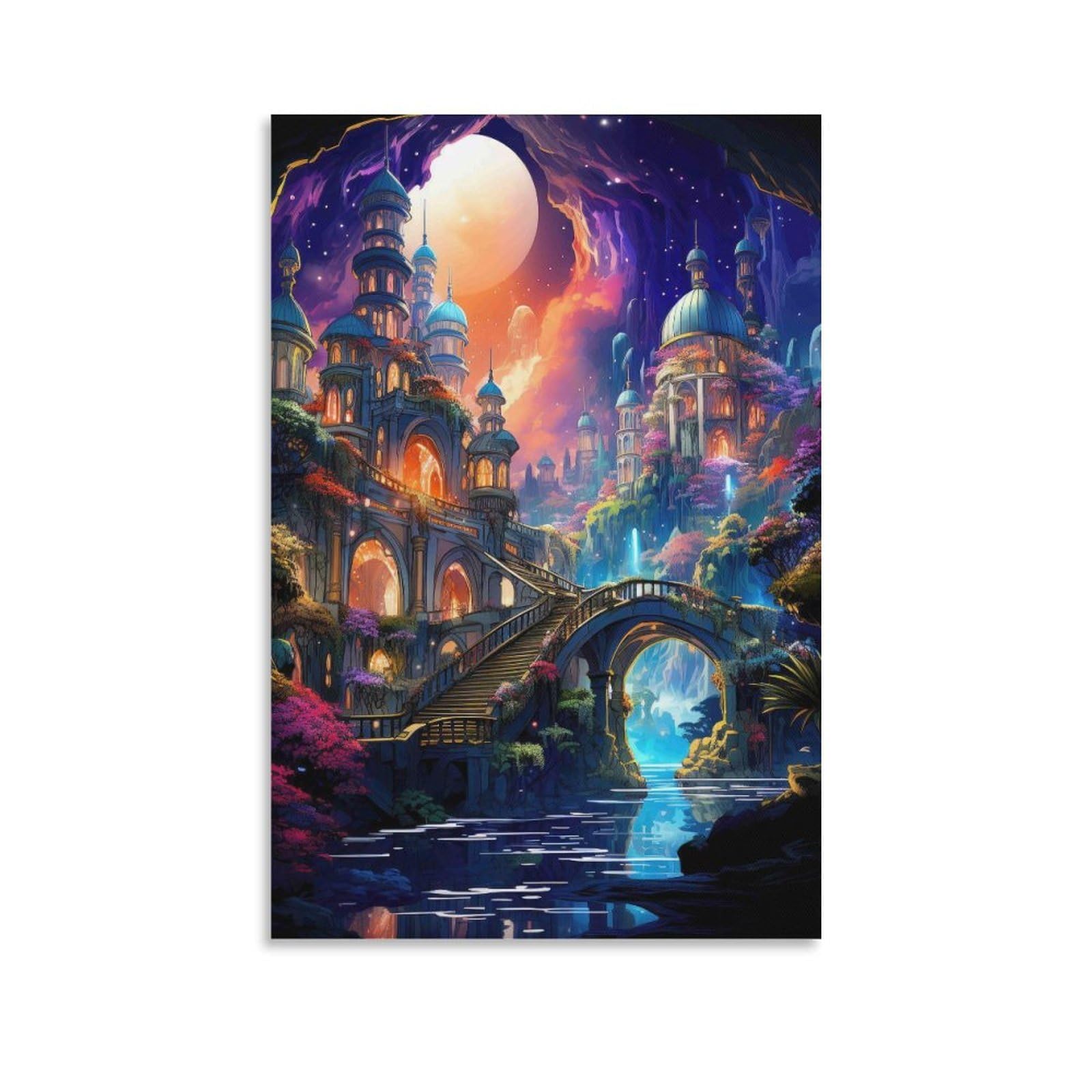 DHBANEIOK Fantasy Castle Night Wall Decor Poster Canvas Prints Picture Modern Canvas Wall Art Picture Wall Hanging for Office Gym Living Room Decor 12x18inch(30x45cm)