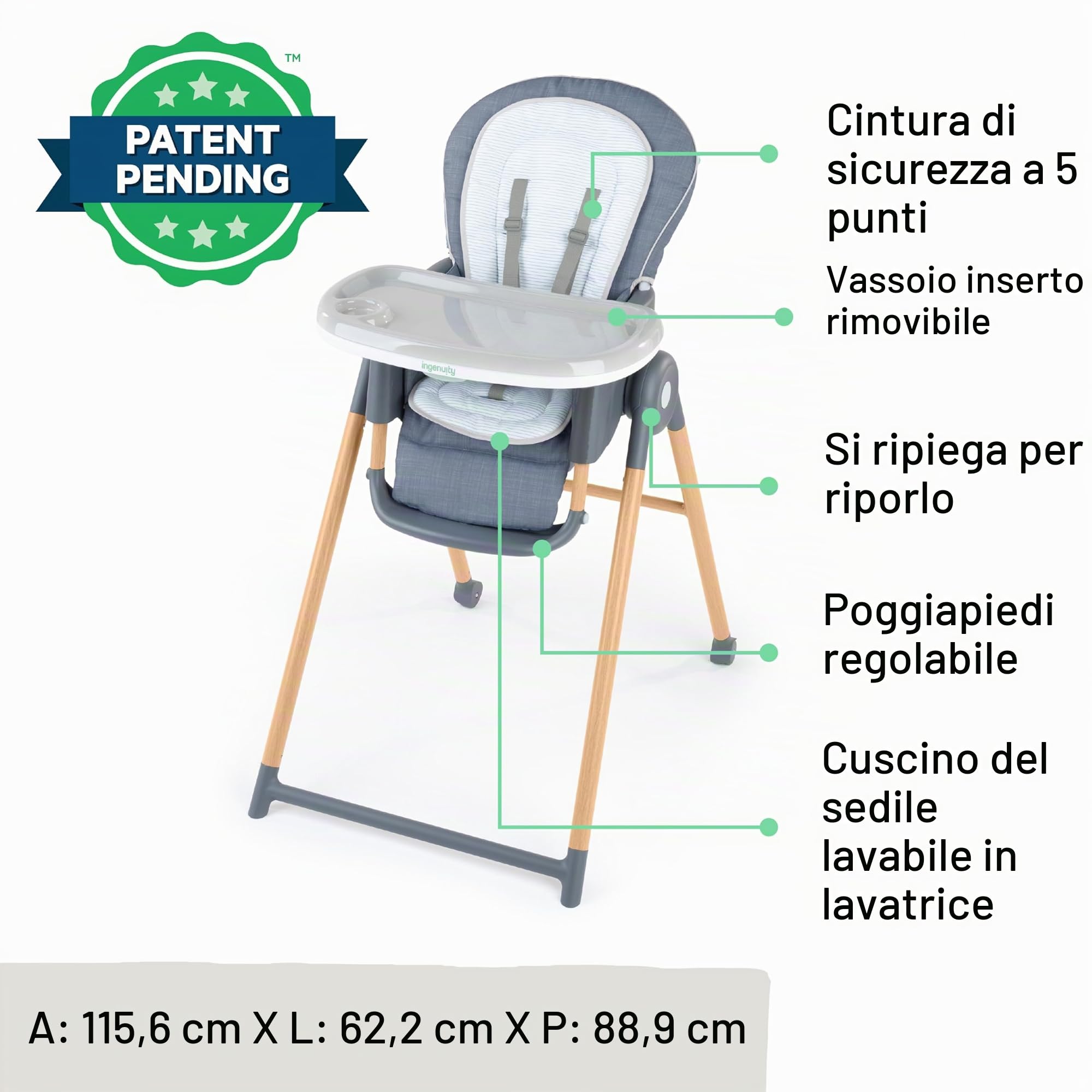 Ingenuity, Seggiolone Proper Positioner Deluxe, seggiolone convertibile 7 in 1, gambe stampate in finto legno, unisex, 0-36 mesi