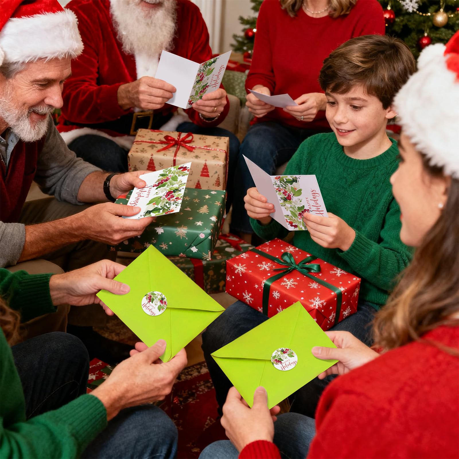 Whaline Lot de 100 cartes de vœux de Noël en vrac, cartes de vœux « Happy Holidays » avec feuilles vierges avec enveloppe autocollante pour vœux d'anniversaire
