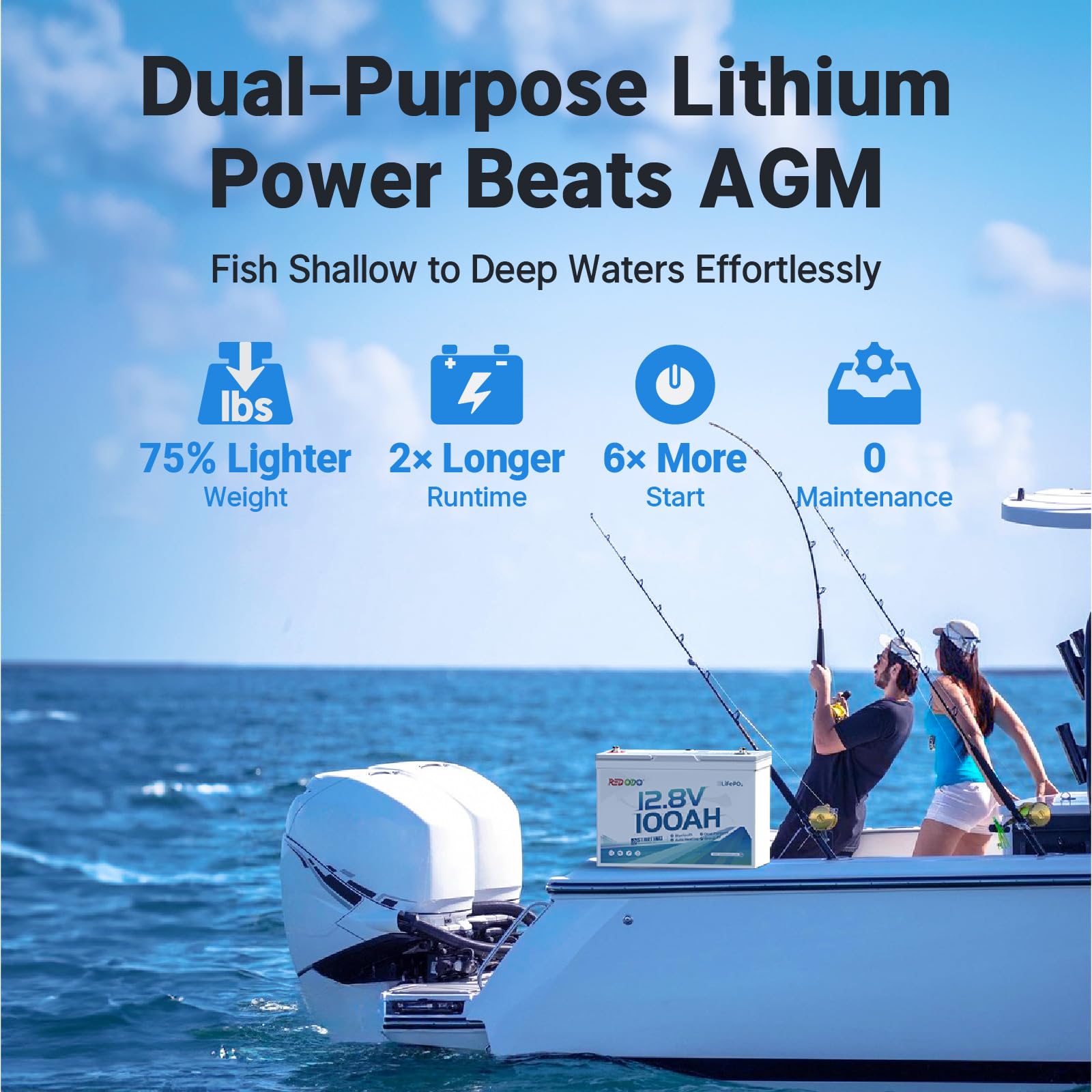 Redodo 12V 100Ah Bluetooth Dual-Purpose 900CCA Group27 Marine Battery, Starting Battery with Heating & Smart Power Retention