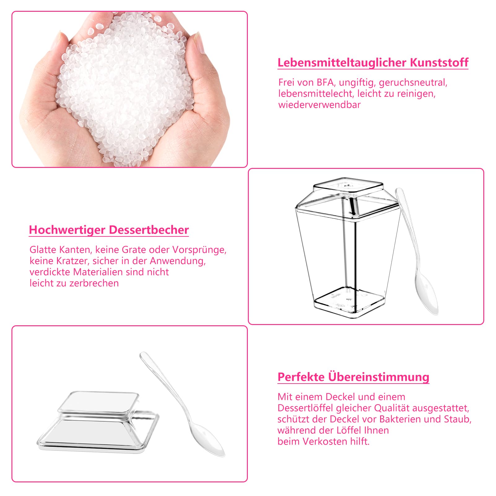 40 tazas de postre, con cucharas y tapa, vasos de postre de plástico de 160 ml, vasos de postre transparentes, reutilizables y cuadradas para el hogar, postres, mousse, helados