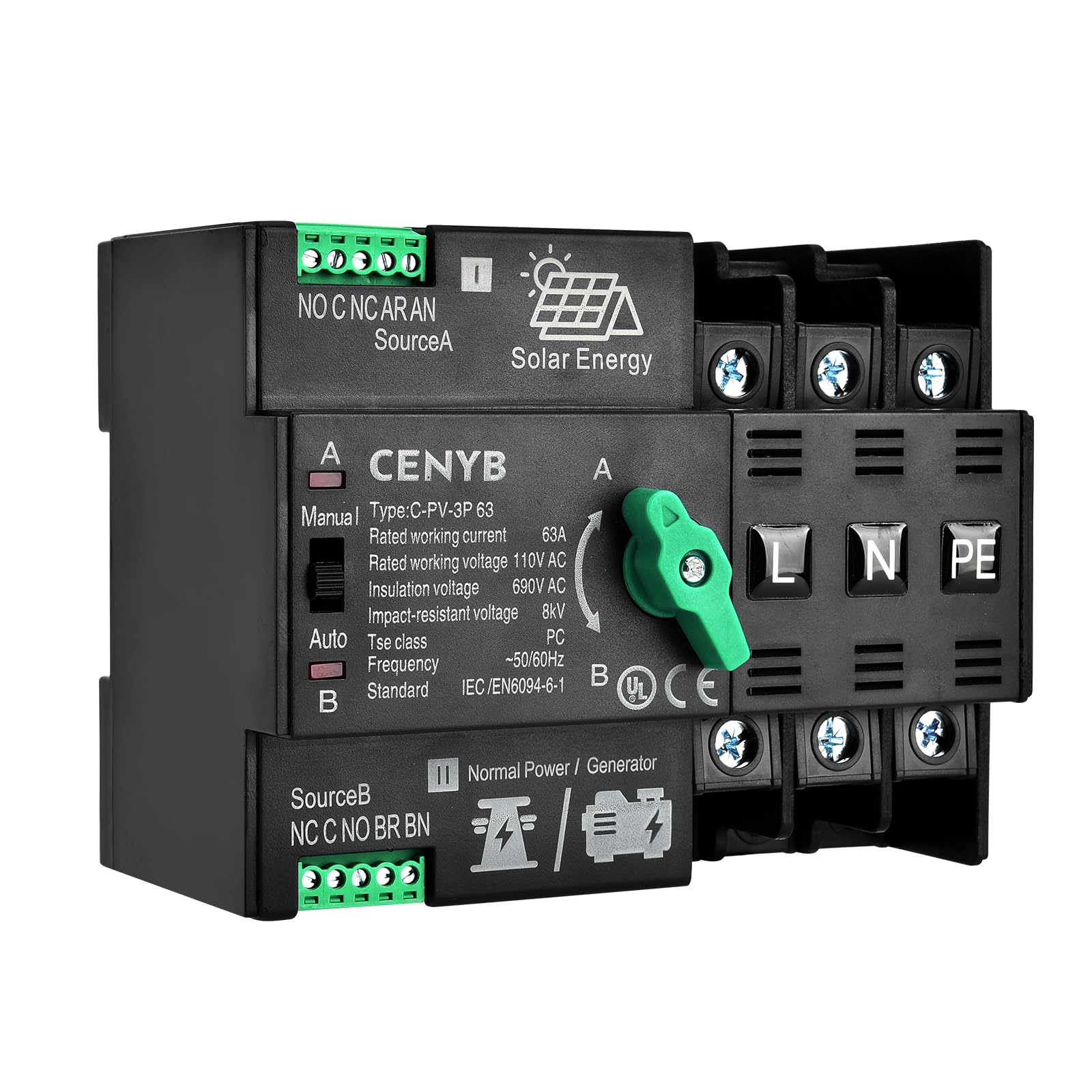 CENYB Photovoltaic Automatic/Manual Transfer Switch for Home Generator 3P 63A AC110V Uninterrupted Power Supply DIN Rail Mount Toggle Changeover Module