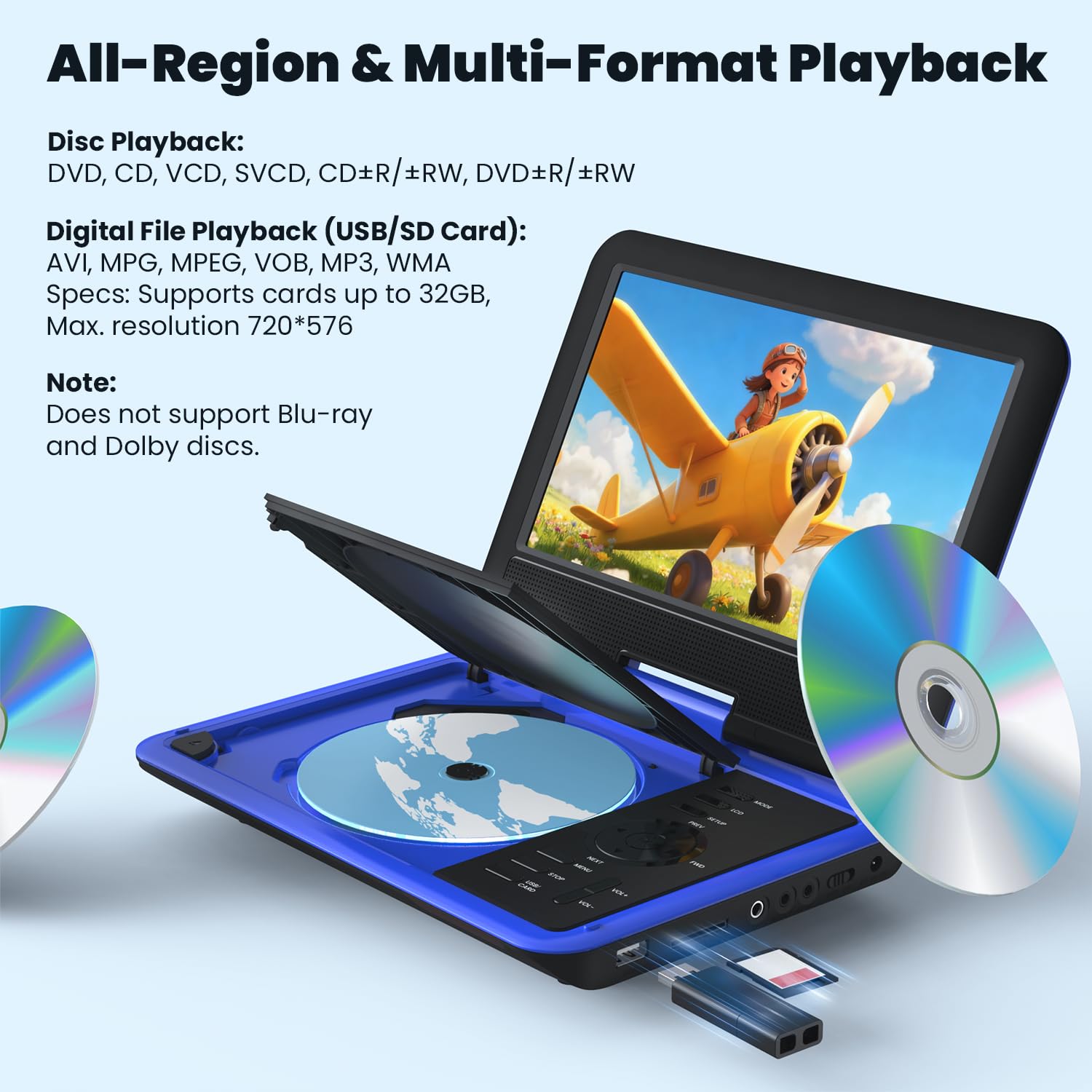 ieGeek Lecteur DVD portable 11,5" avec carte SD/port USB, batterie rechargeable de 5 heures, écran de protection des yeux de 9,5", prise en charge AV-in/out, sans région, bleu