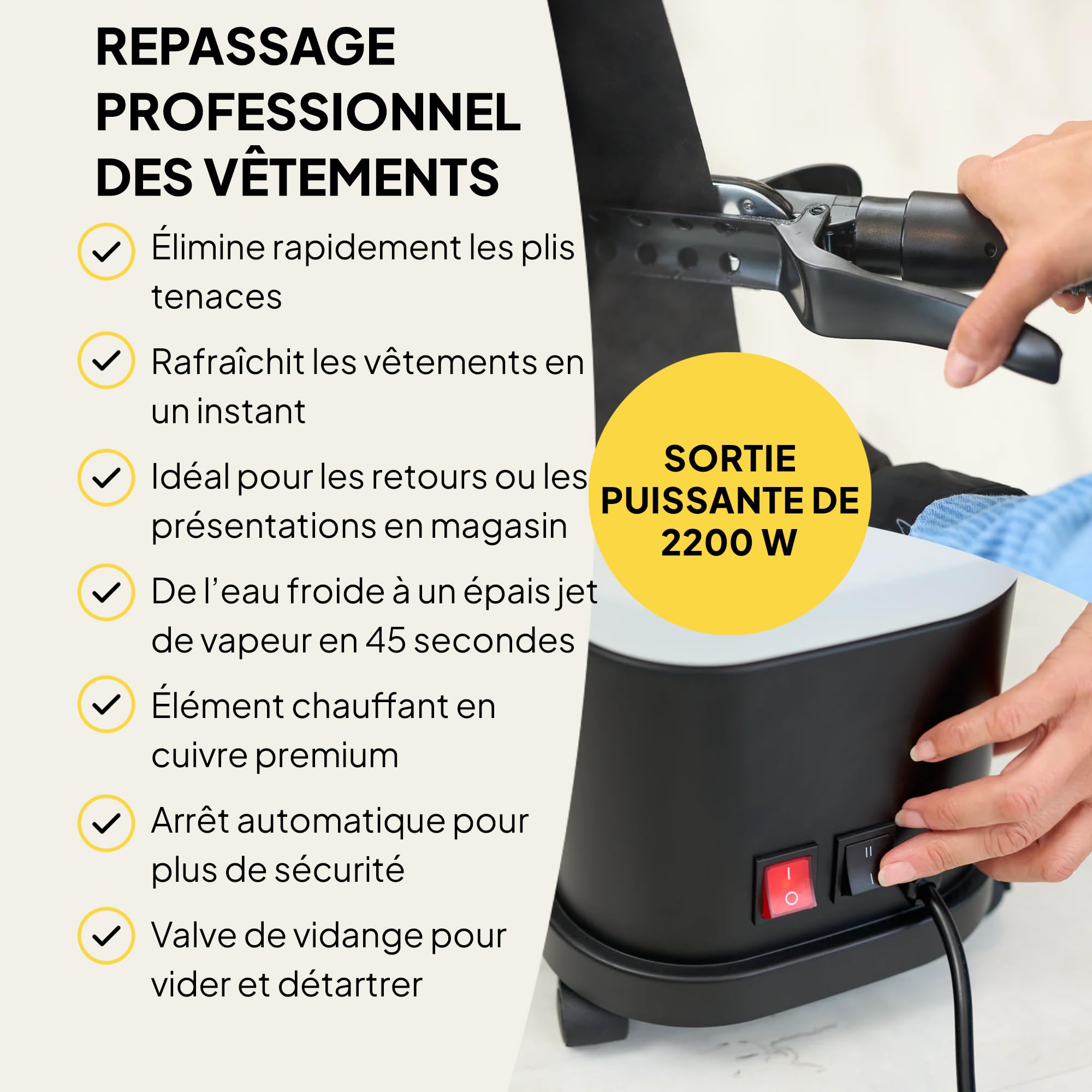 Défroisseur vapeur professionnel Fridja f1600 - Puissant défroisseur vapeur haut de gamme de 2200 W - Deux réglages de vapeur et réservoir d'eau de 4 L pour un défroissage rapide - Convient à tous les