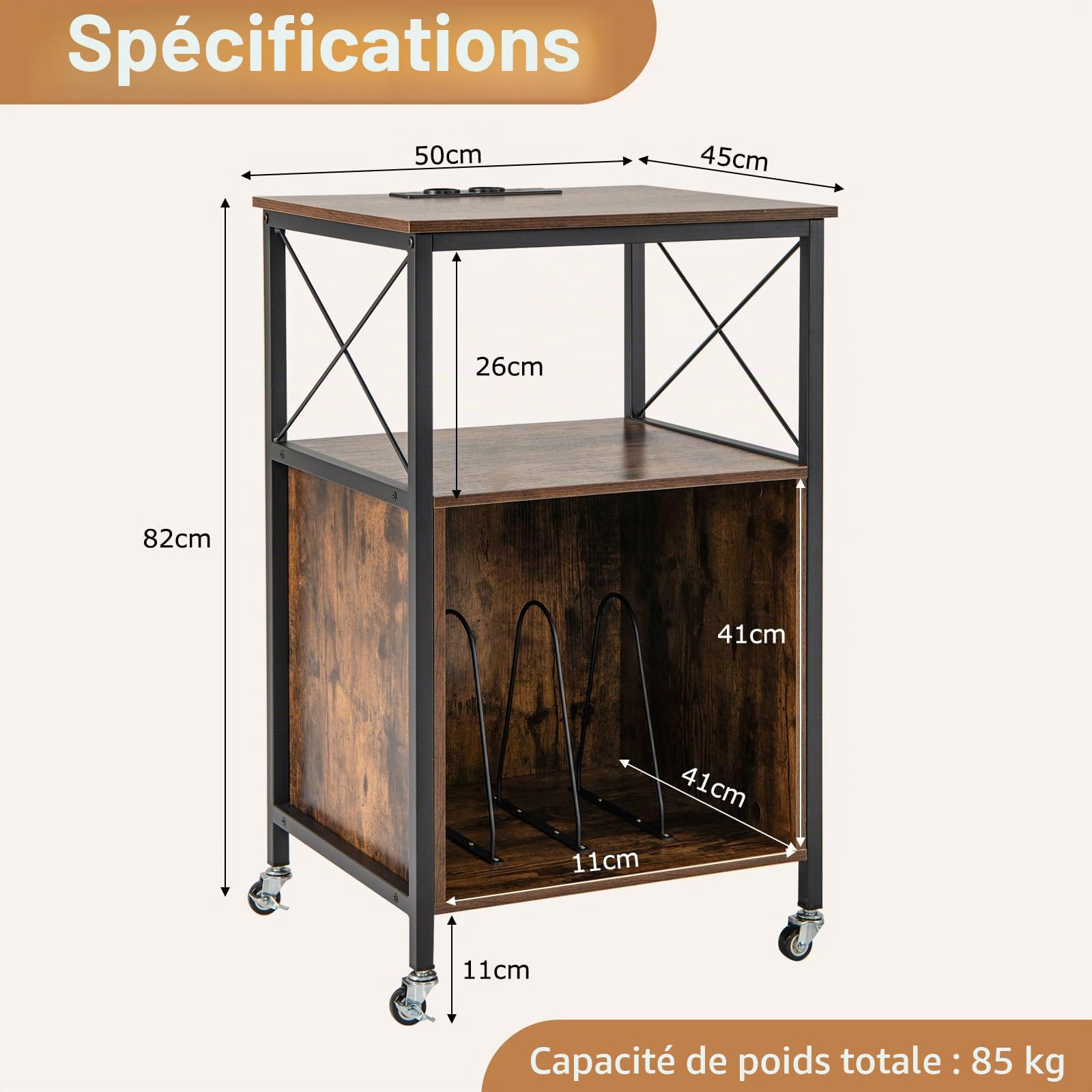 KOMFOTTEU Meuble Platine Vinyle avec Station de Charge, Support de Tourne-Disque avec Séparateurs Amovibles, Meuble Tourne-Disque, Cadre en Métal, 50 x 45 x 82 cm, Style Industriel