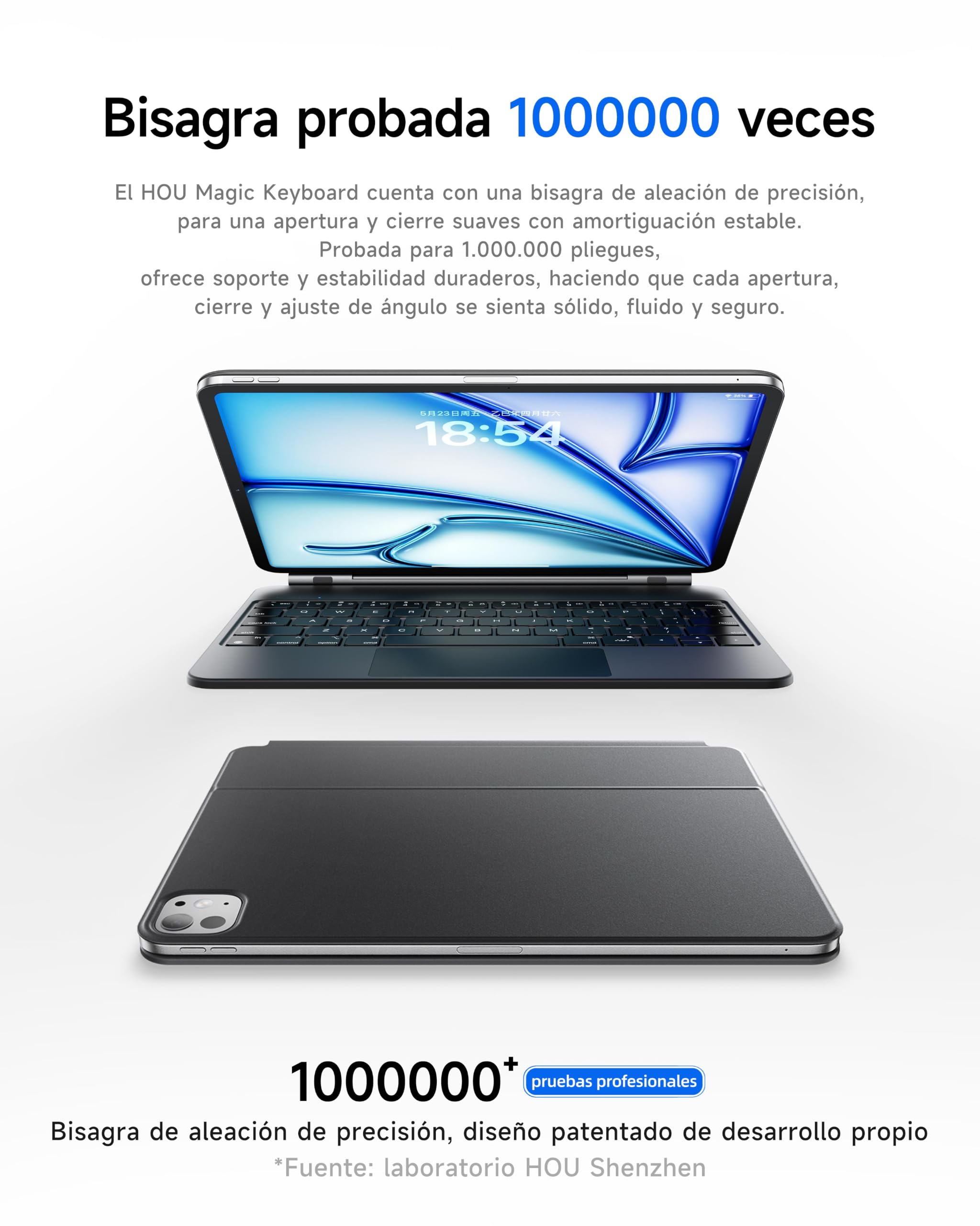 HOU Funda con Teclado para iPad Air 11″, Air 5/4 y Pro 11″ 1/2/3/4 Gen | Amplia inclinación ajustable a 135°,trackpad liso de vidrio AG,12 atajos,retroiluminación de 7 colores,Bluetooth,Negro