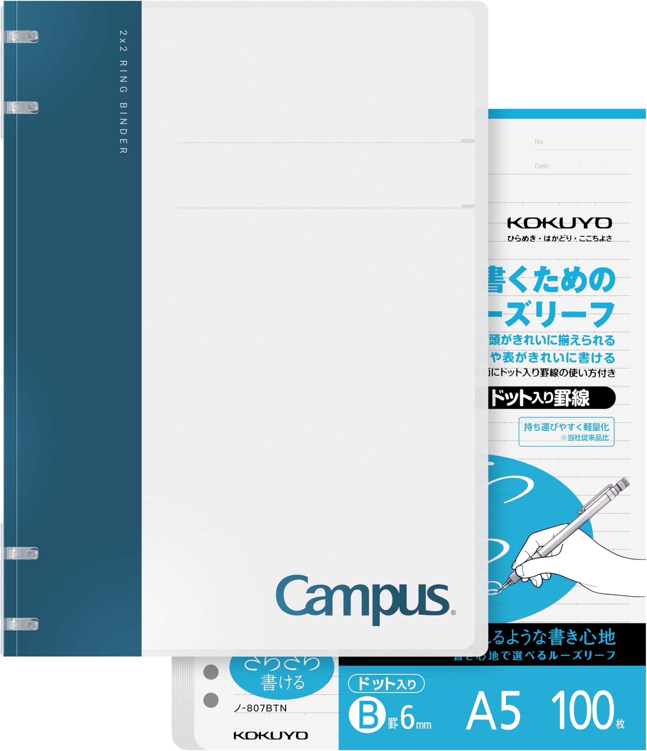Campus 2x2 Spiral Binder Notebook Set, A5 Refillable Notebook + 100 Refill Papers with 6mm Dot Ruled, 40 Sheet Capacity, Navy, Perfect for Work, Study & Journal, Japan Import