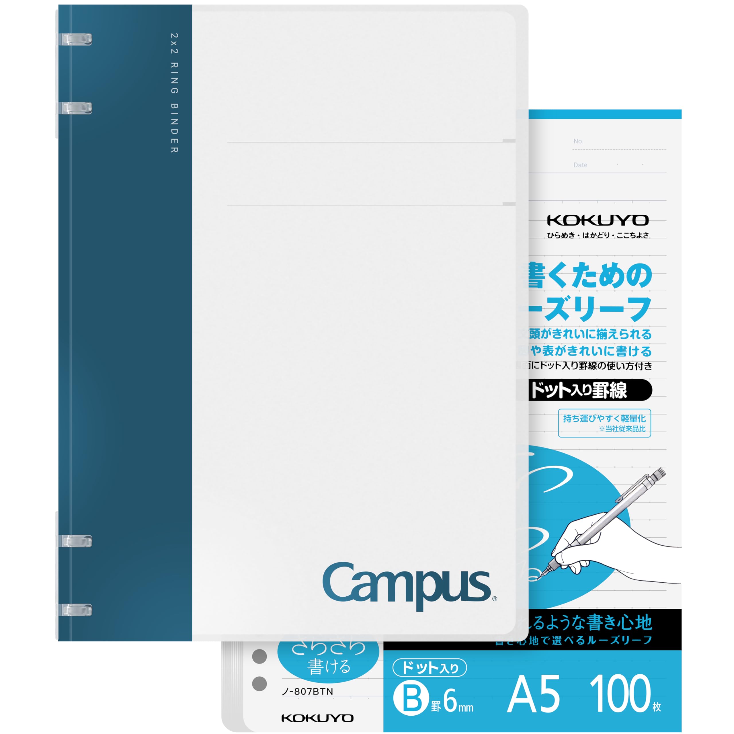 KOKUYO Campus 2x2 Spiral Binder Notebook Set, A5 Refillable Notebook + 100 Refill Papers with 6mm Dot Ruled, 40 Sheet Capacity, Navy, Perfect for Work, Study & Journal, Japan Import