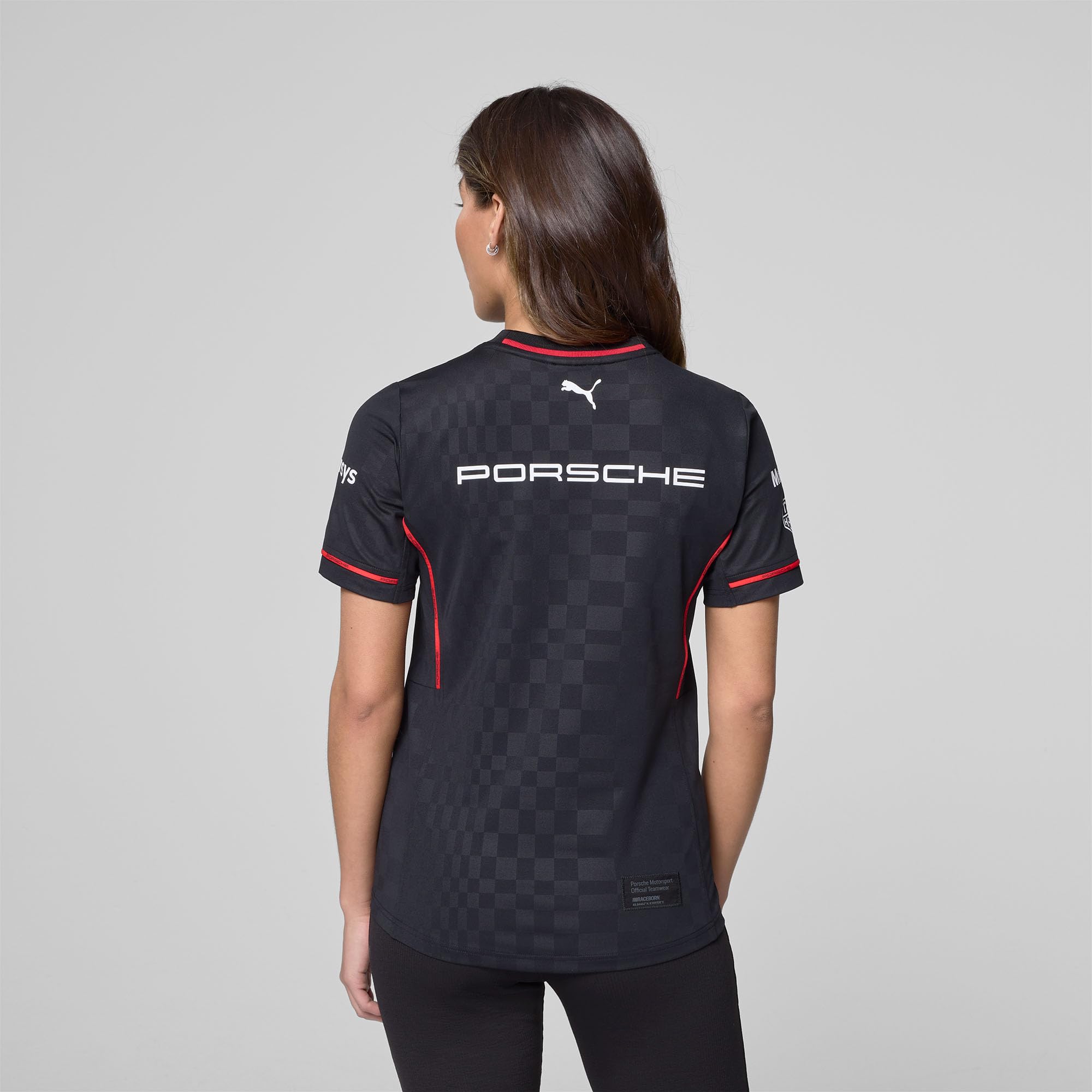 PUMA Porsche Motorsport Damen Team T-Shirt - Schwarz | Tonaler Alloverdruck auf Stoff, Porsche Motorsport Team Logo Druck auf der Brust