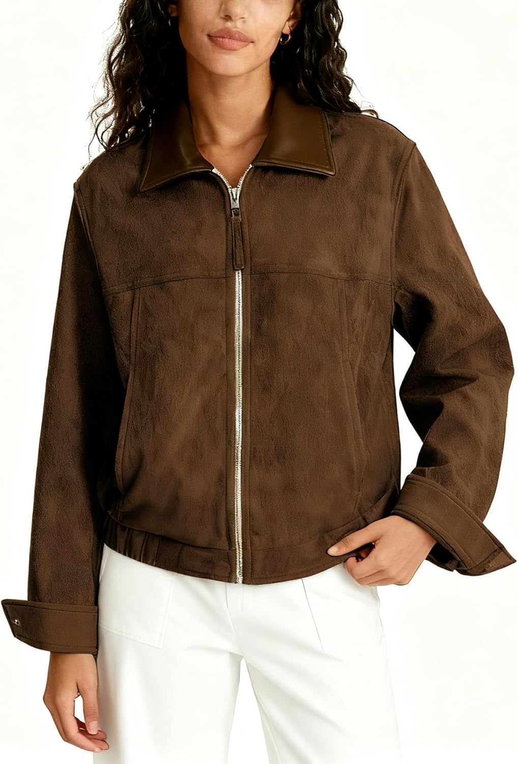 Zoziiee Women's Faux Suede Cropped Jacket Contrast Collar Zip Up Utility Barn Coat Trendy Fall Outwear - Image 2