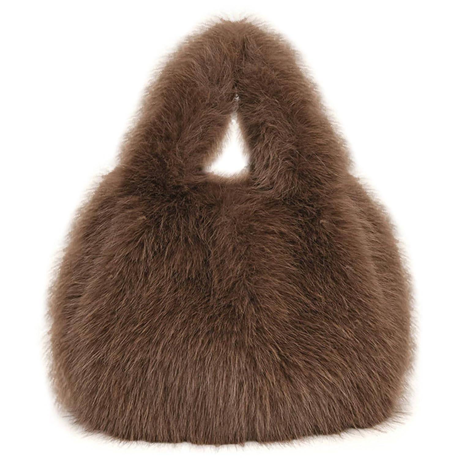 Winter Handbags For Women Faux Fur Fluffy Bag Cute Tote Bag Fur Purse Furry Handbag Bucket Bag (Brown)