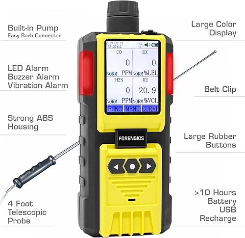 Miniatura 5 de MULTIGAS Detector  Serie Industrial  Bomba integrada + sonda de 4 pies  O2, CO, H2S, LEL  Pantalla de color y gráfico  Ultra ABS Fuerte  Agua,