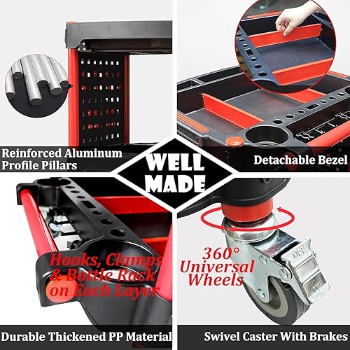 Miniatura 5 de Carro de herramientas para detallado automático con 2 tablas para colgar herramientas, carrito rodante de 3 niveles, organizador de detalles de