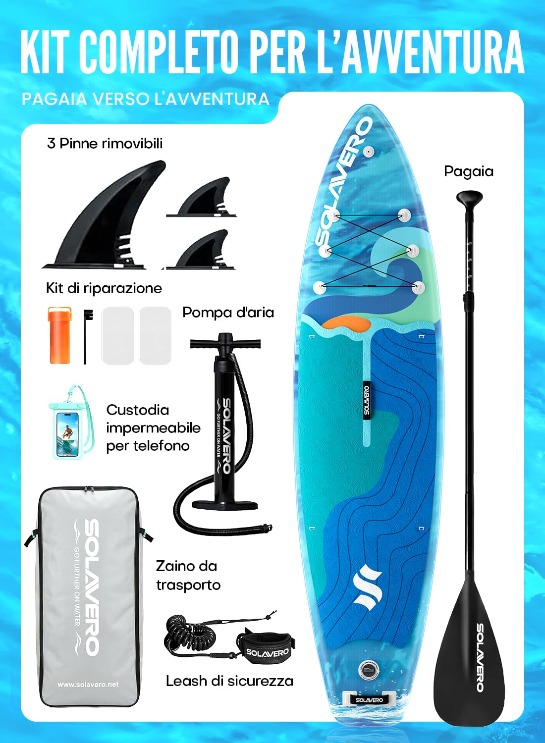 SOLAVERO Tavola da Sup Gonfiabile, 335 x 83 x 15 cm Tavola da Paddle con Antiscivolo EVA, Pagaia Regolabile, 3 Pinne, Surf Gonfiabile per Tutti i Livelli di Abilità, Fino a 200kg