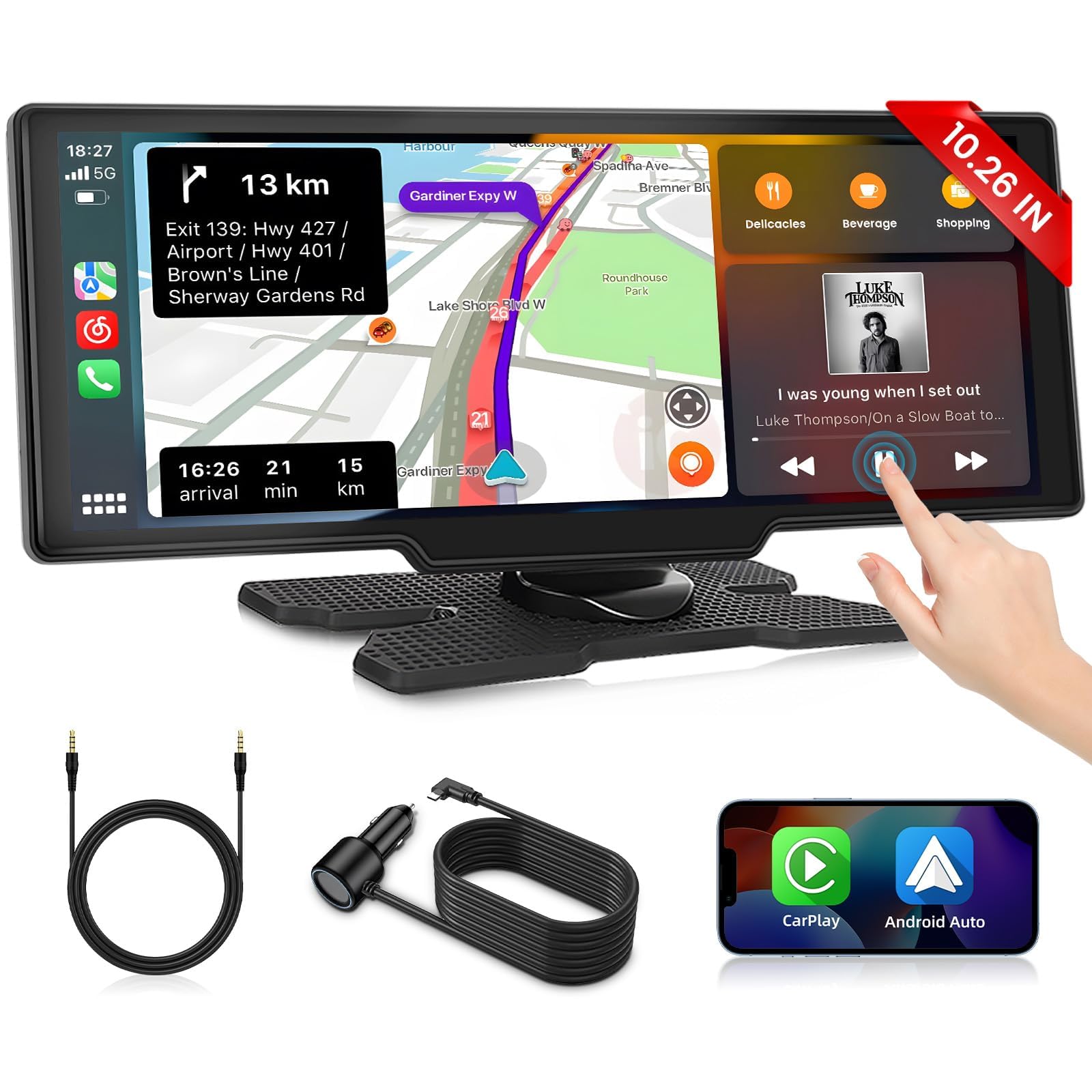 BIGTHREE Wireless Apple Carplay Portable Car Stereo Android Auto, 10.26 Inch Touchscreen Car Play Screen with Voice Control, Bluetooth AUX FM Transmitter Audio Receiver