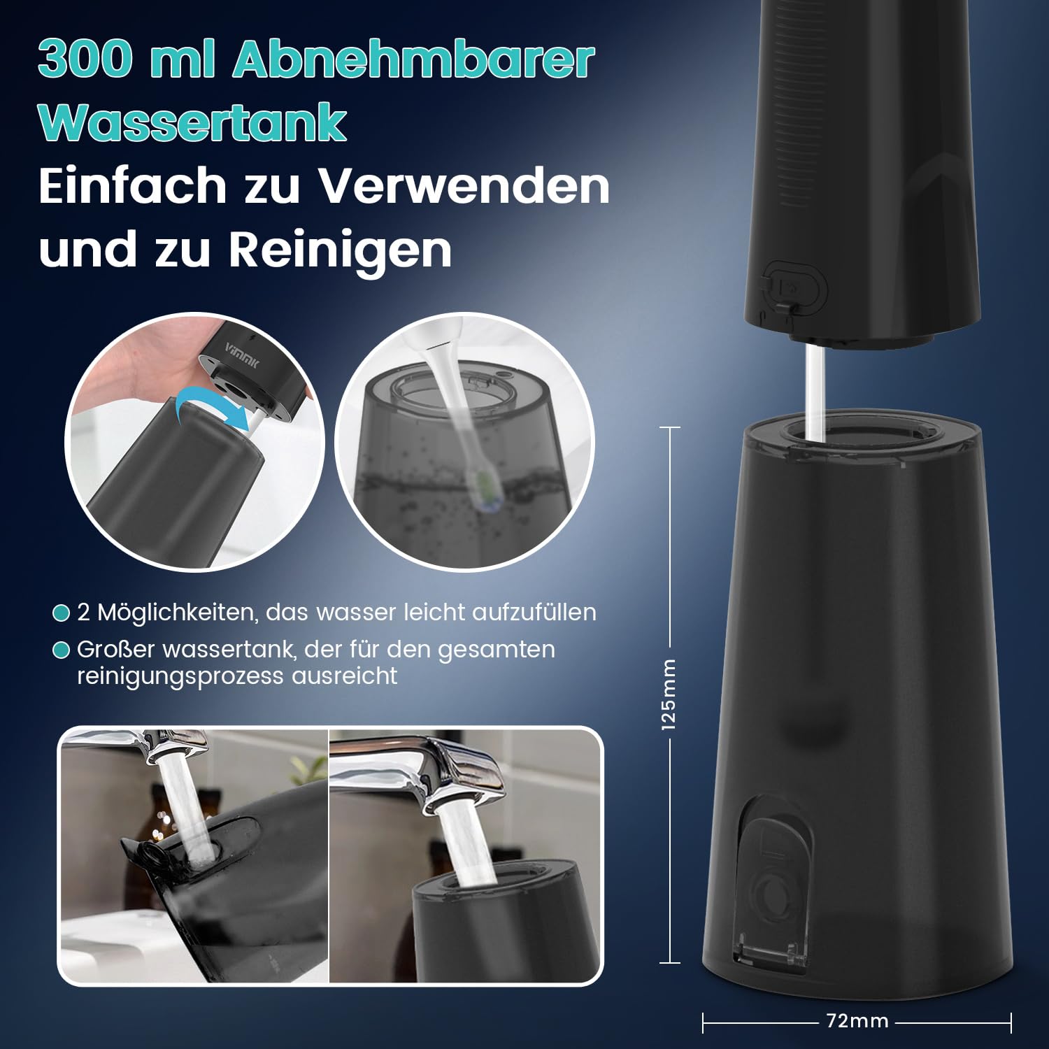 Vimmk bezprzewodowy irygator do zębów, elektryczny przyrząd do czyszczenia zębów, 5 trybów pracy i 8 dysz, USB-C, możliwość ponownego ładowania, IPX7, wodoszczelny, 300 ml, zbiornik na wodę (czarny)