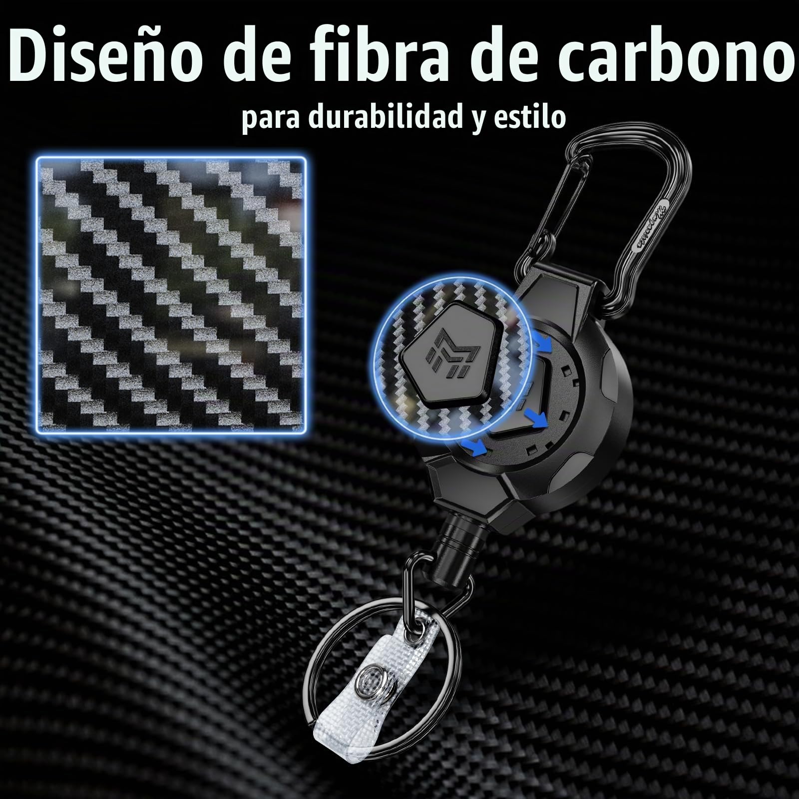 MNGARISTA Paquete de 2 llaveros retráctiles mejorados, retracción de 283,5 g, cordón de acero inoxidable de 80 cm, mosquetón resistente, carrete de identificación de fibra de carbono 3K