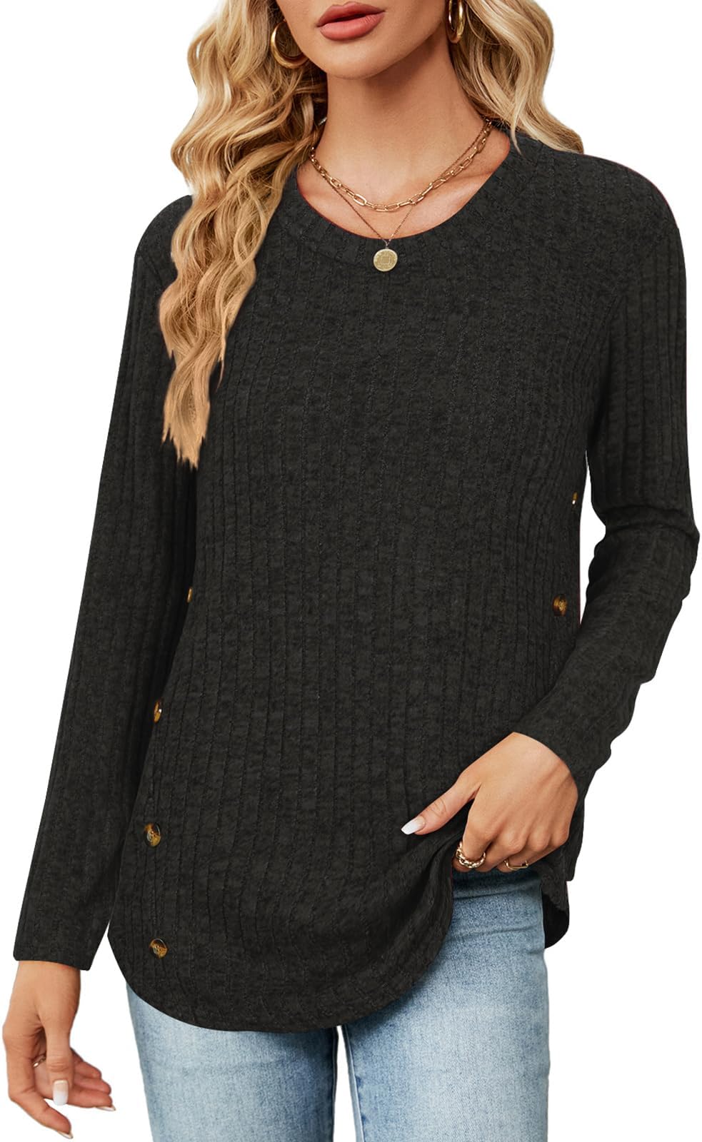 LuraneeLong Sleeve Shirts for Women Lightweight Crewneck Tunic Tops Casual Sweaters Buttons Side