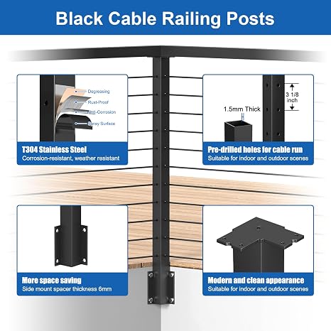 36 Black Side Mount Cable Railing Post(Post 44x2x2), T-Drilled Fixed Top Inside Corner Post, Stainless Steel Black Fascia Mount Inner Corner Post Indoor Outdoor, MY09-C