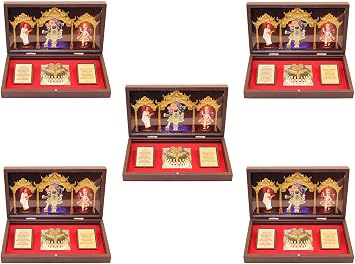 GoldGiftIdeas 24K Gold Plated Shrinathji Photo Frame with Charan Paduka, Indian Return Gift, Jay Shri Krishna Wooden Momento Gift in 3D, Krishna Photo Frame for Pooja Pack of 5